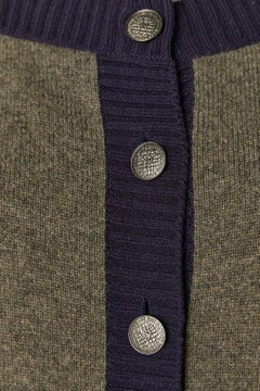 Grey, navy and green cashmere cardigan with branded button CHANEL