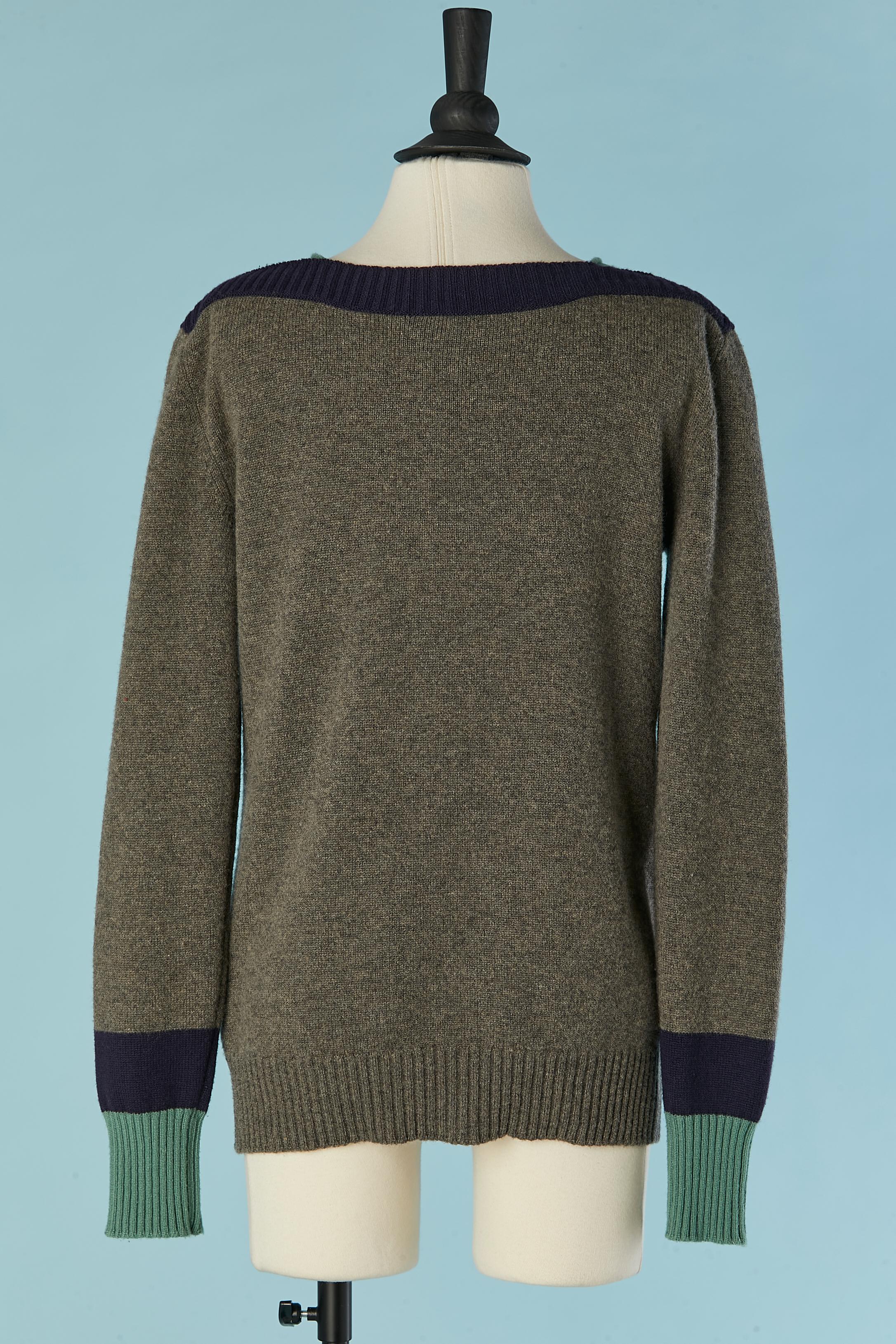 Women's Grey, navy and green cashmere cardigan with branded button CHANEL