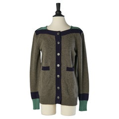Grey, navy and green cashmere cardigan with branded button CHANEL