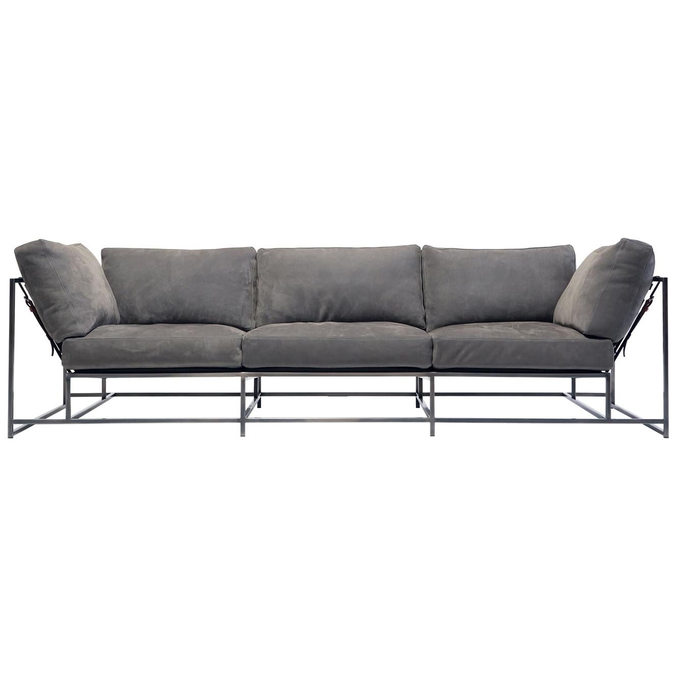 Grey Nubuck Leather and Antique Nickel Sofa For Sale