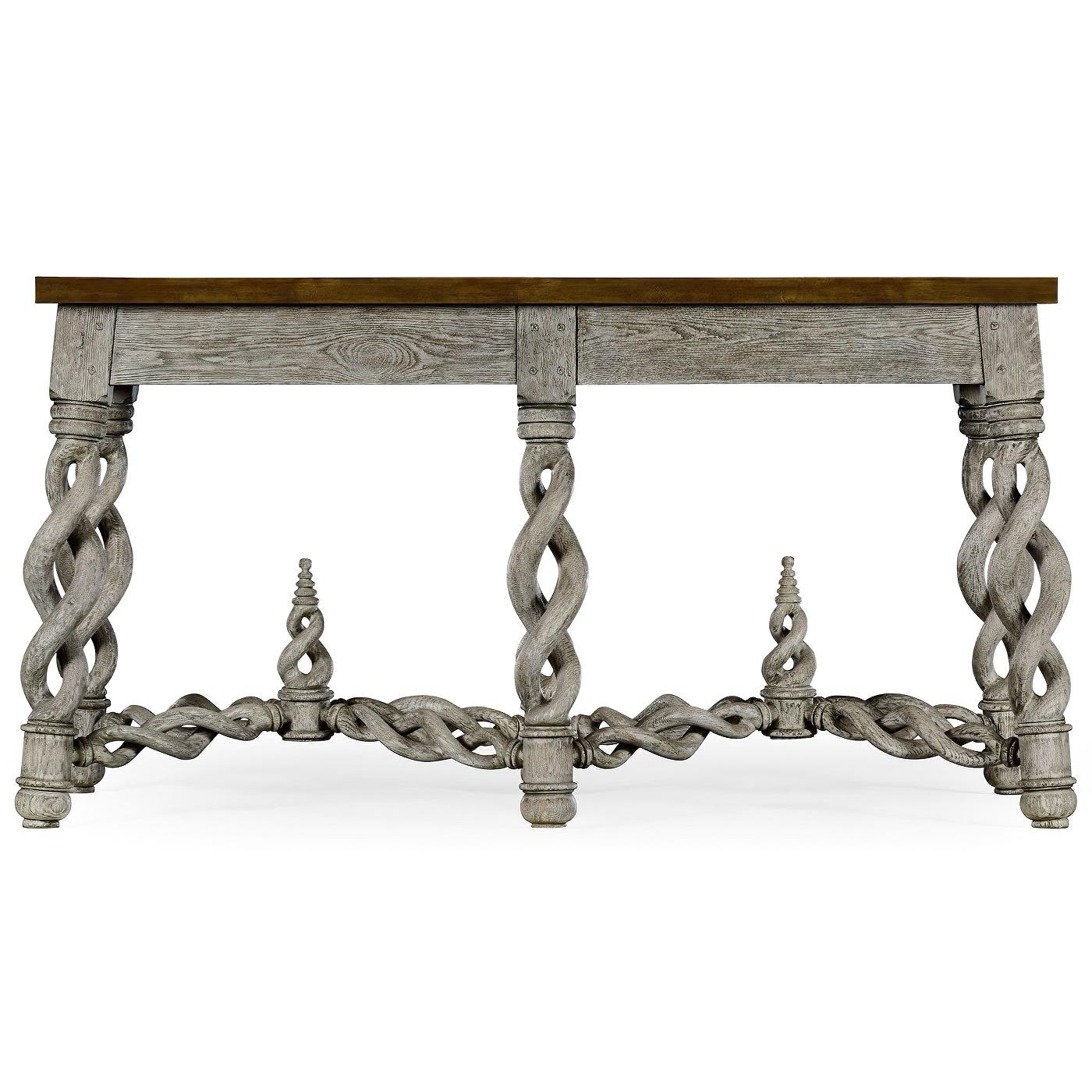 An unusual distressed grey oak brass banded marble-top console table with interwoven carved legs, and stretchers.
Dimensions: 67