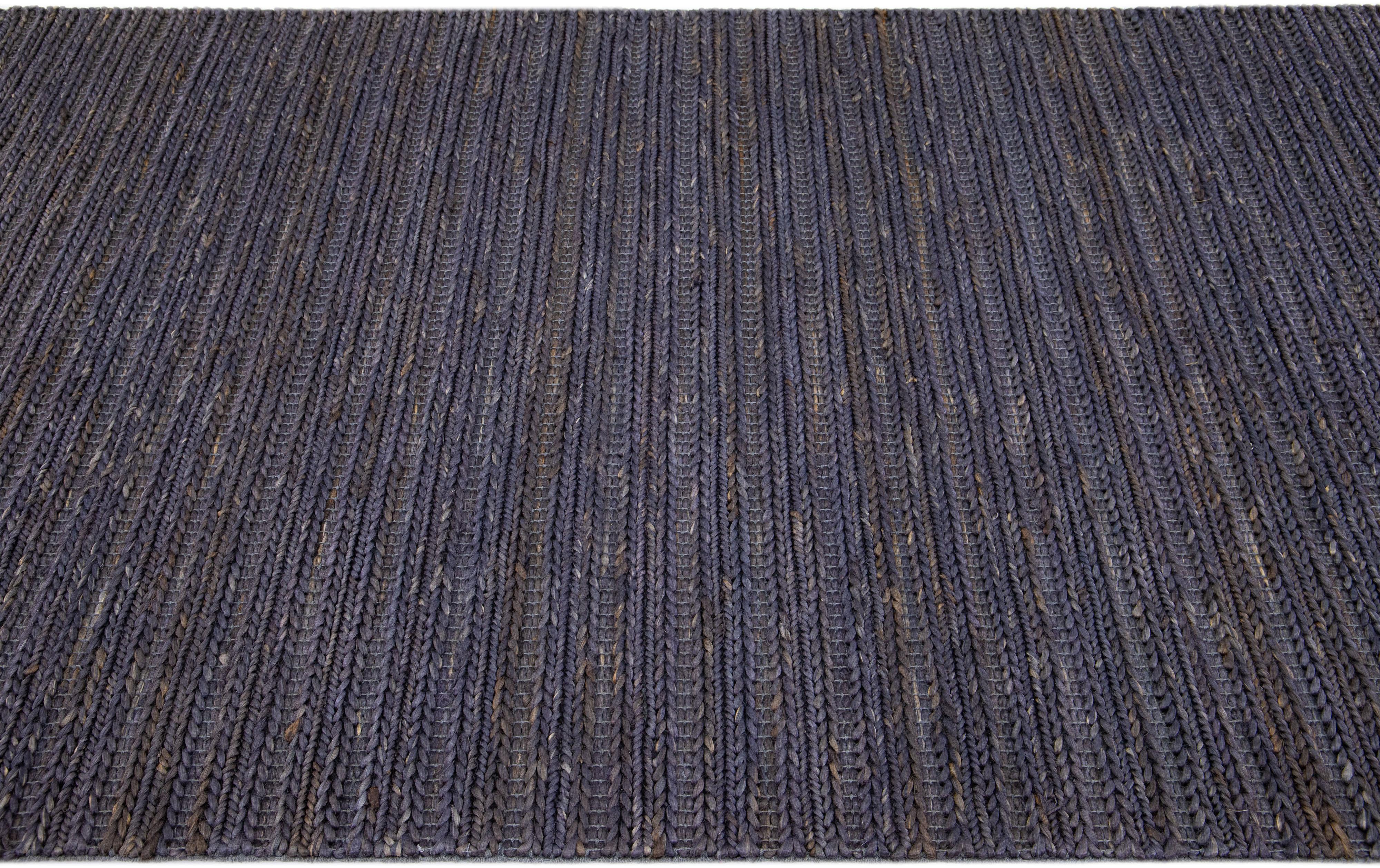Indian Grey-Onyx Modern Natural Texture Hand Woven Jute & Cotton Area Rug  For Sale