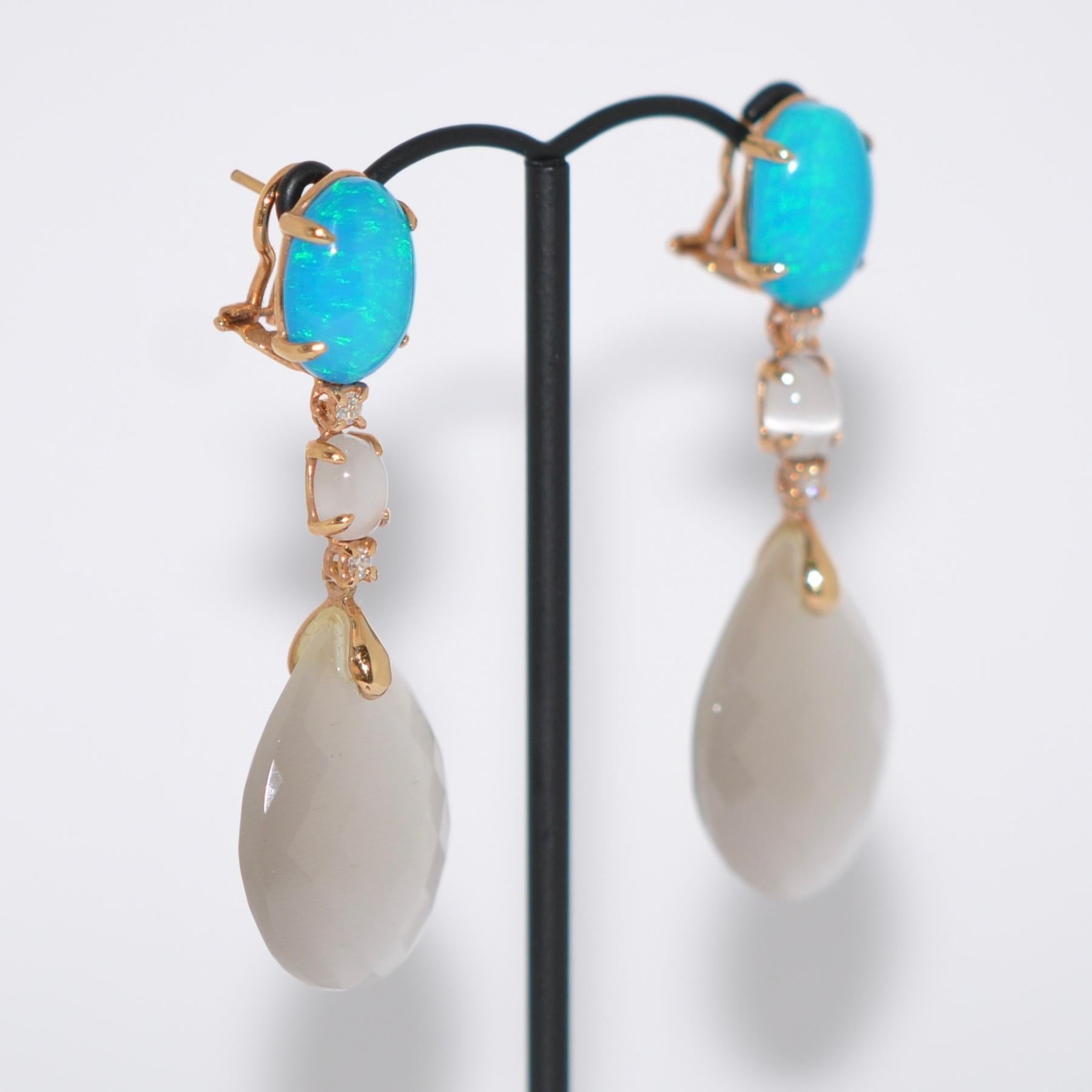 Grey Opal, Quartz and White Diamond on Rose Gold 18 Karat Chandelier Earrings In New Condition In Vannes, FR