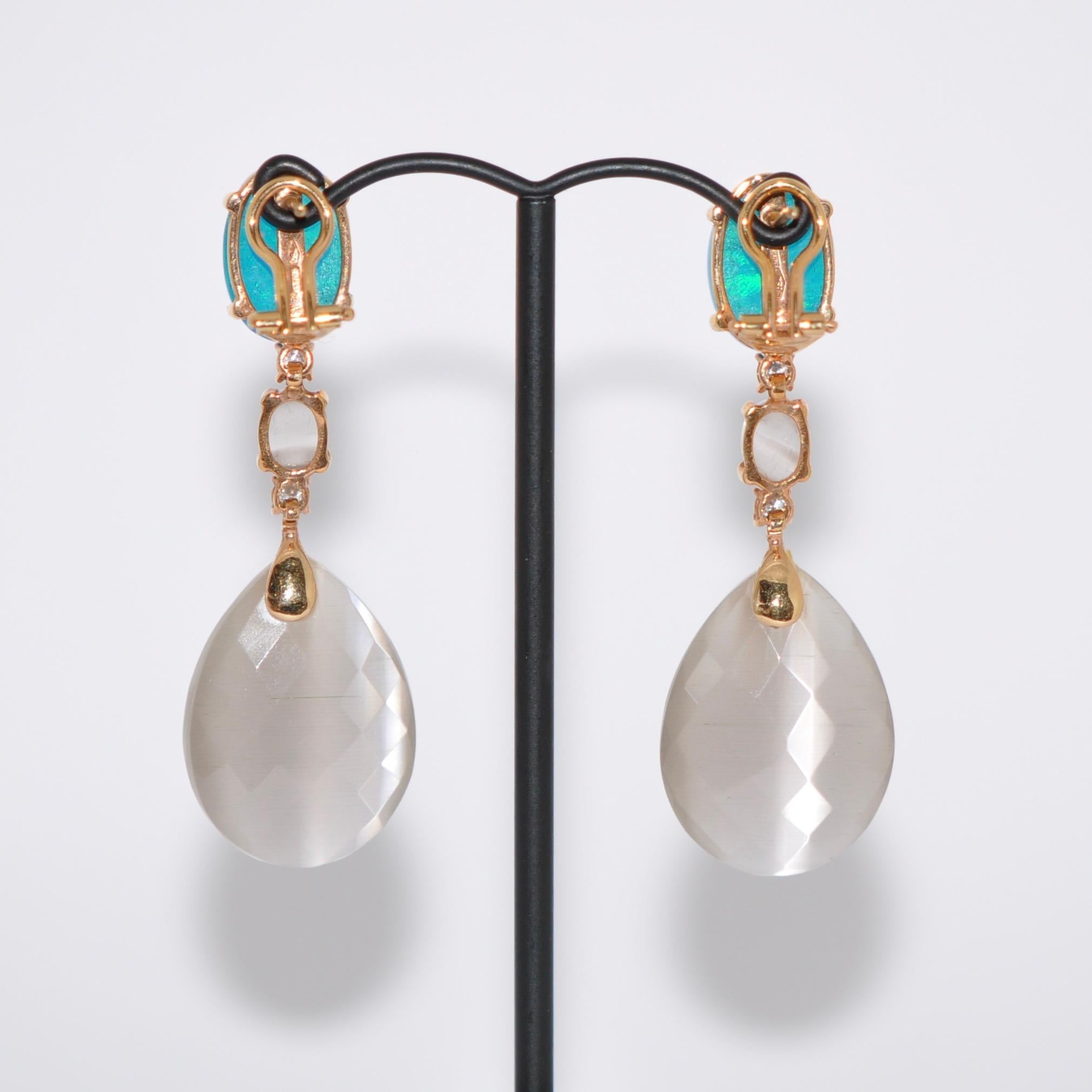 Women's Grey Opal, Quartz and White Diamond on Rose Gold 18 Karat Chandelier Earrings
