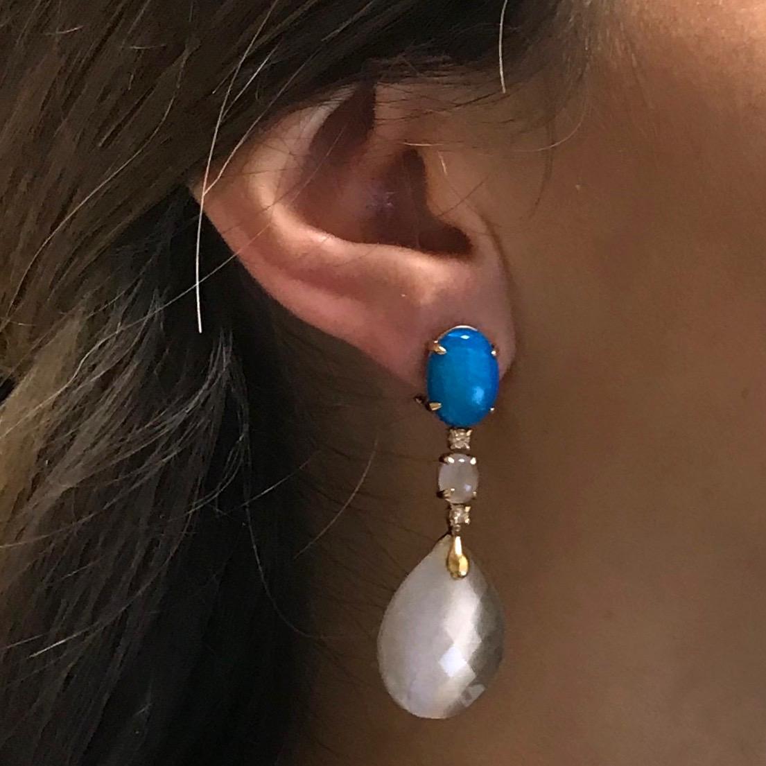 Grey Opal, Quartz and White Diamond on Rose Gold 18 Karat Chandelier Earrings 1