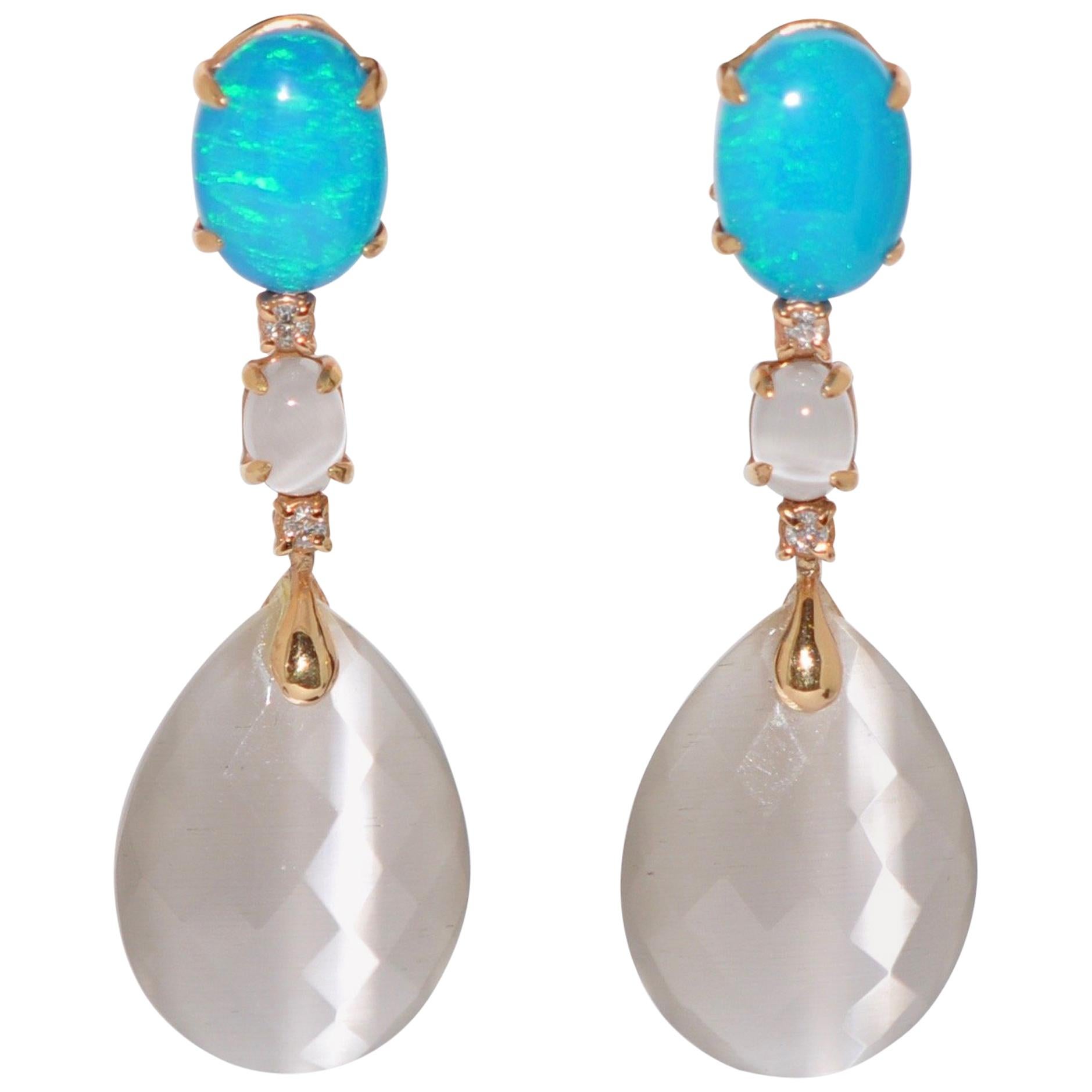 Grey Opal, Quartz and White Diamond on Rose Gold 18 Karat Chandelier Earrings
