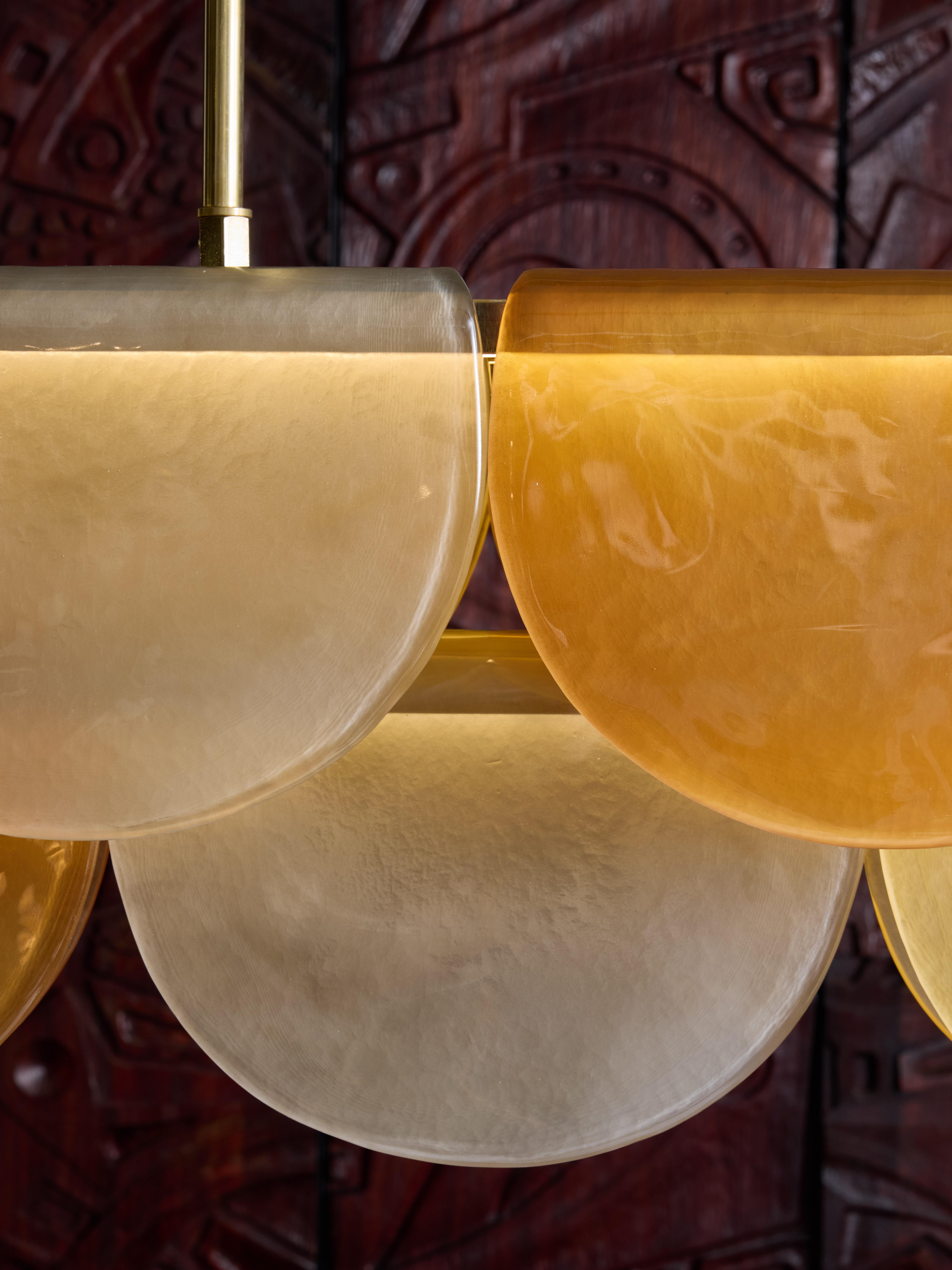 Brass Grey, Orange and Pale Yellow Murano Glass Long Chandelier For Sale