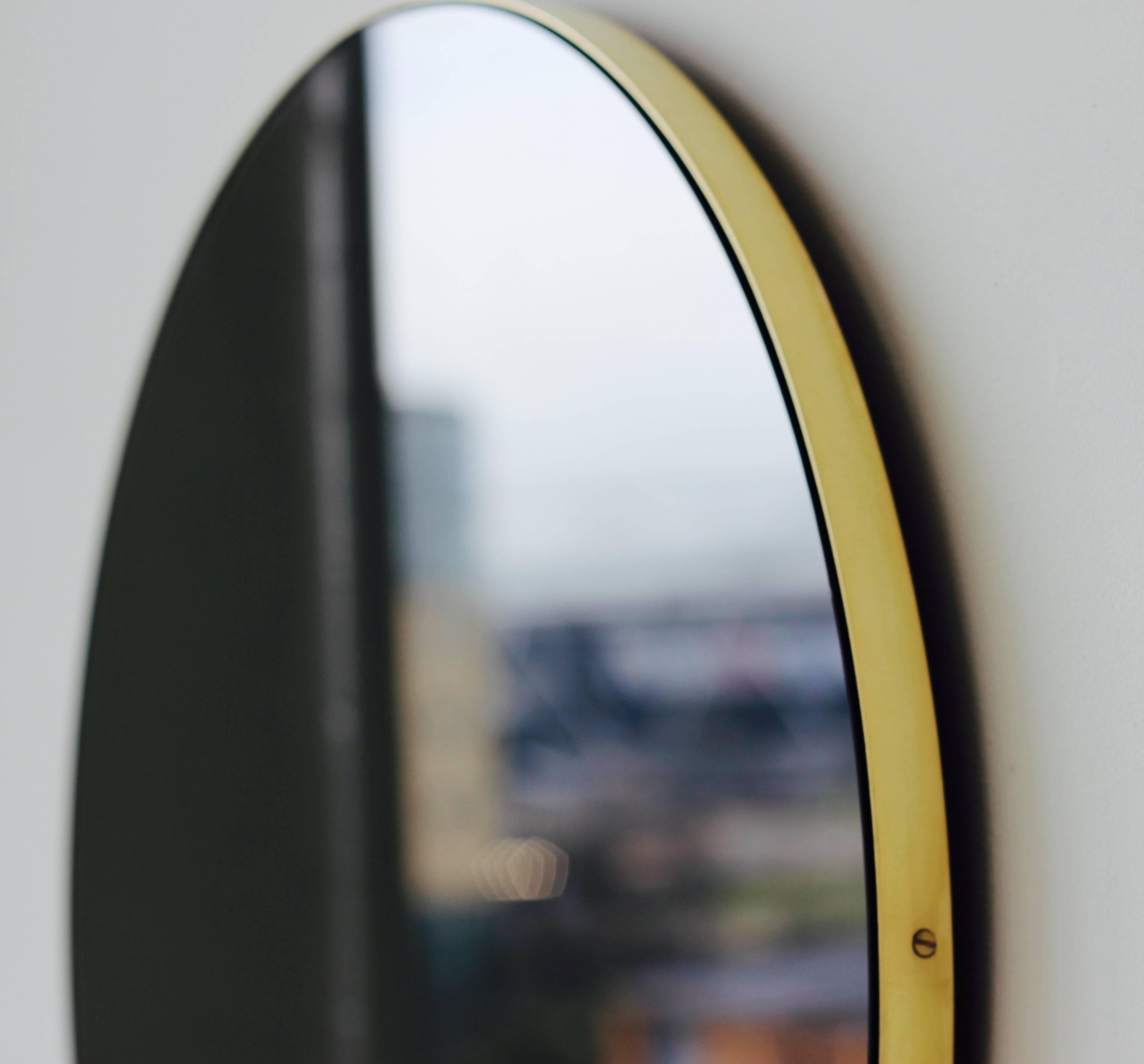 Orbis Black Tinted Round Modern Handcrafted Mirror with a Brass Frame, Regular In New Condition For Sale In London, GB