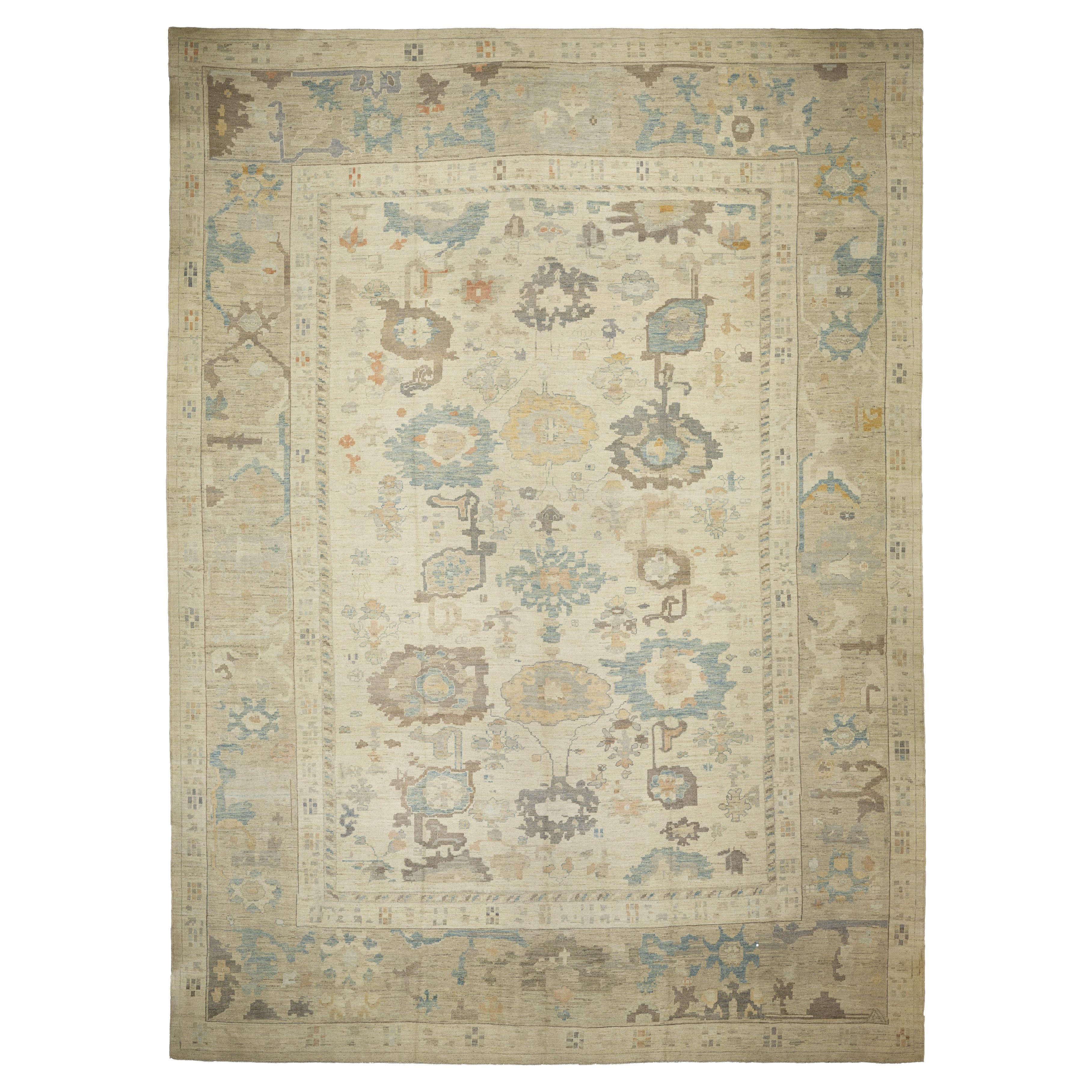 Grey Oushak Wool Hand Knotted Rug 16 ft x 22 ft , Soft Floral Grandeur