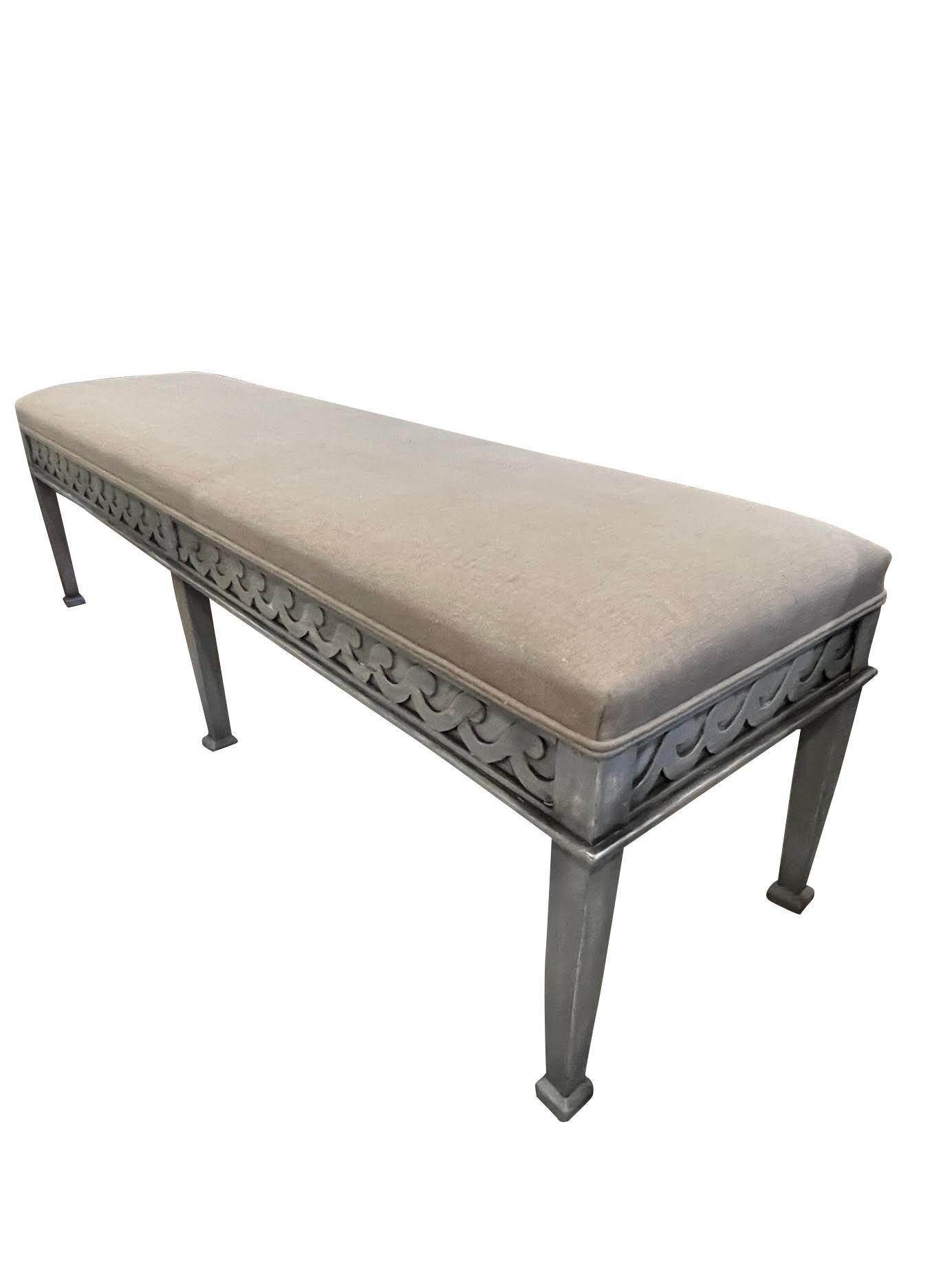 Contemporary English painted grey bench in the style of Swedish Gustavian design, with newly reupholstered linen fabric.




 