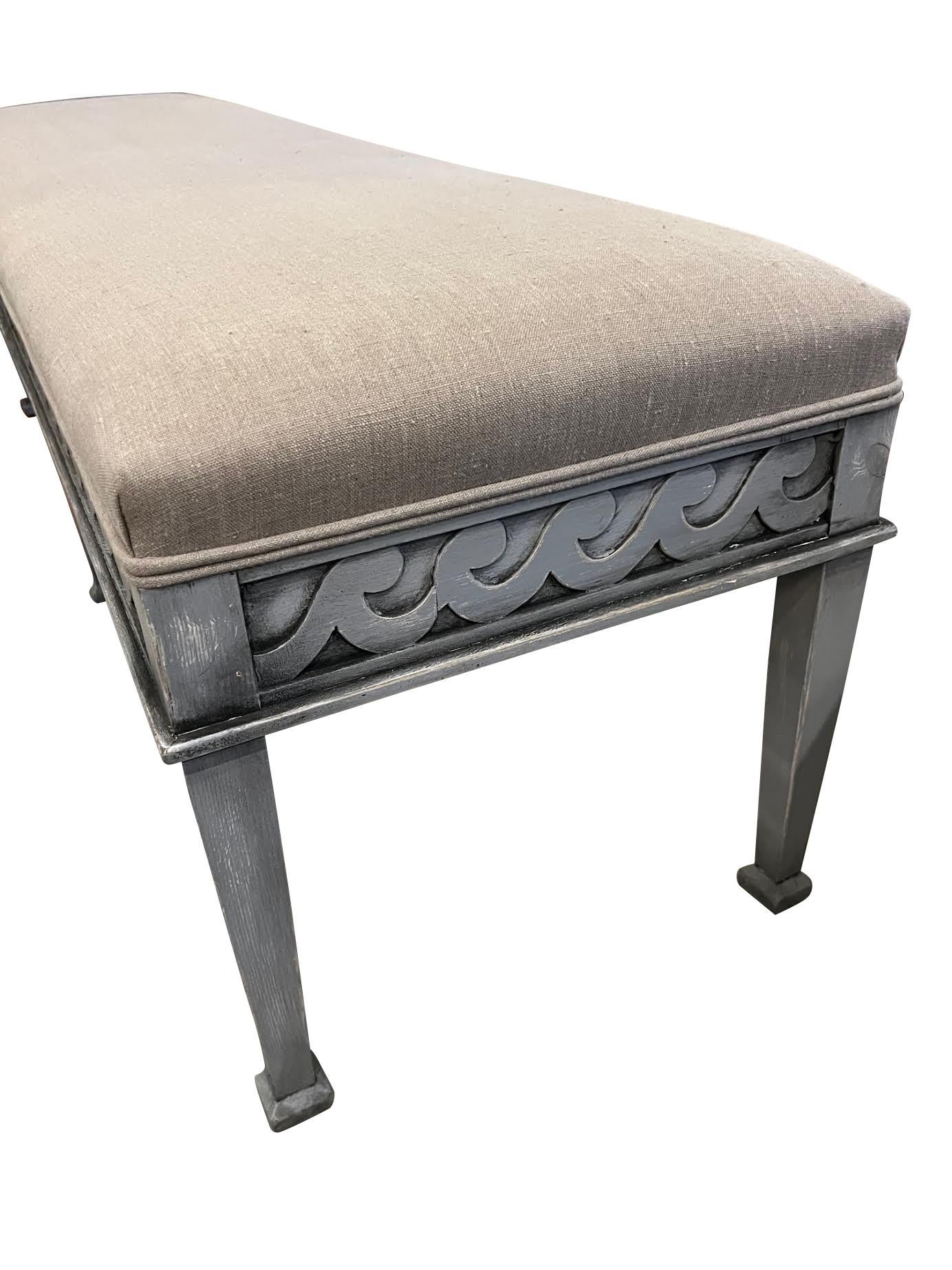 English Grey Painted and Upholstered Gustavian Style Bench, England, Contemporary For Sale