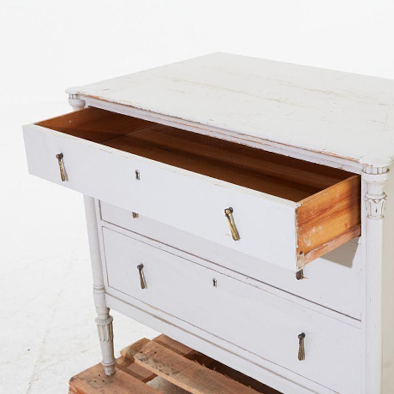 Swedish Grey Painted Gustavian Bureau with Three Drawers, Carved Legs & Brass Hardware For Sale