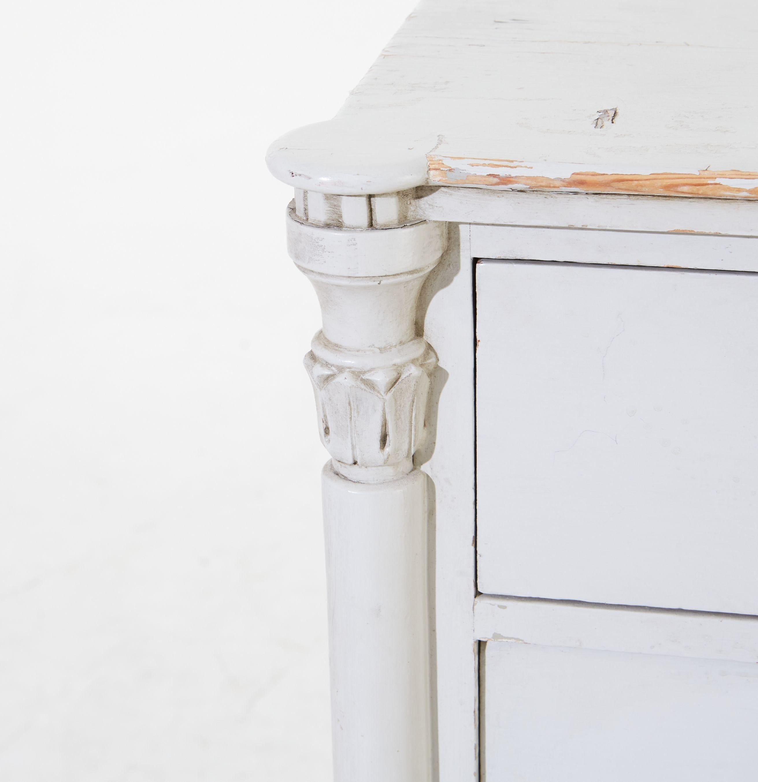 Grey Painted Gustavian Bureau with Three Drawers, Carved Legs & Brass Hardware In Good Condition For Sale In Memphis, TN
