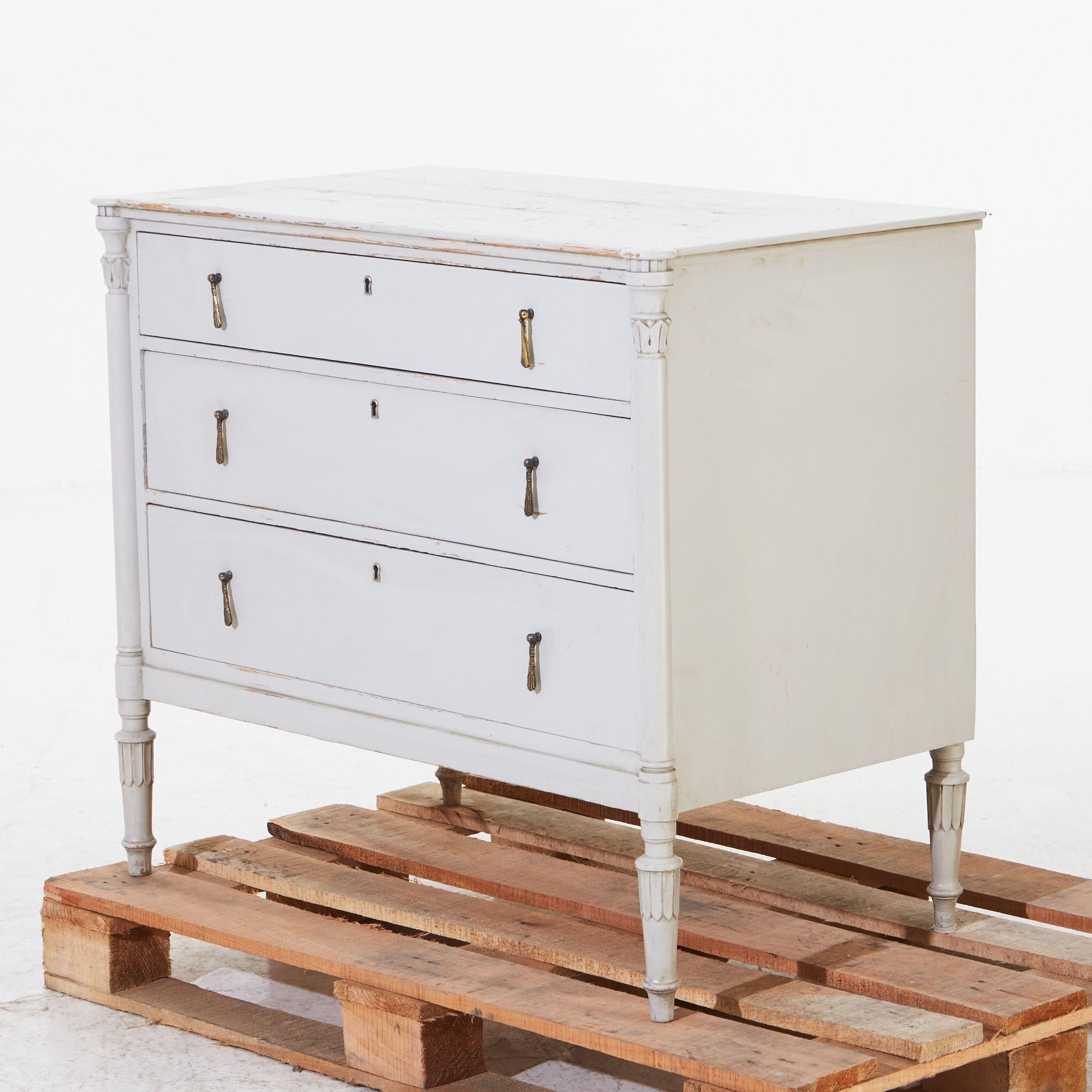 20th Century Grey Painted Gustavian Bureau with Three Drawers, Carved Legs & Brass Hardware For Sale