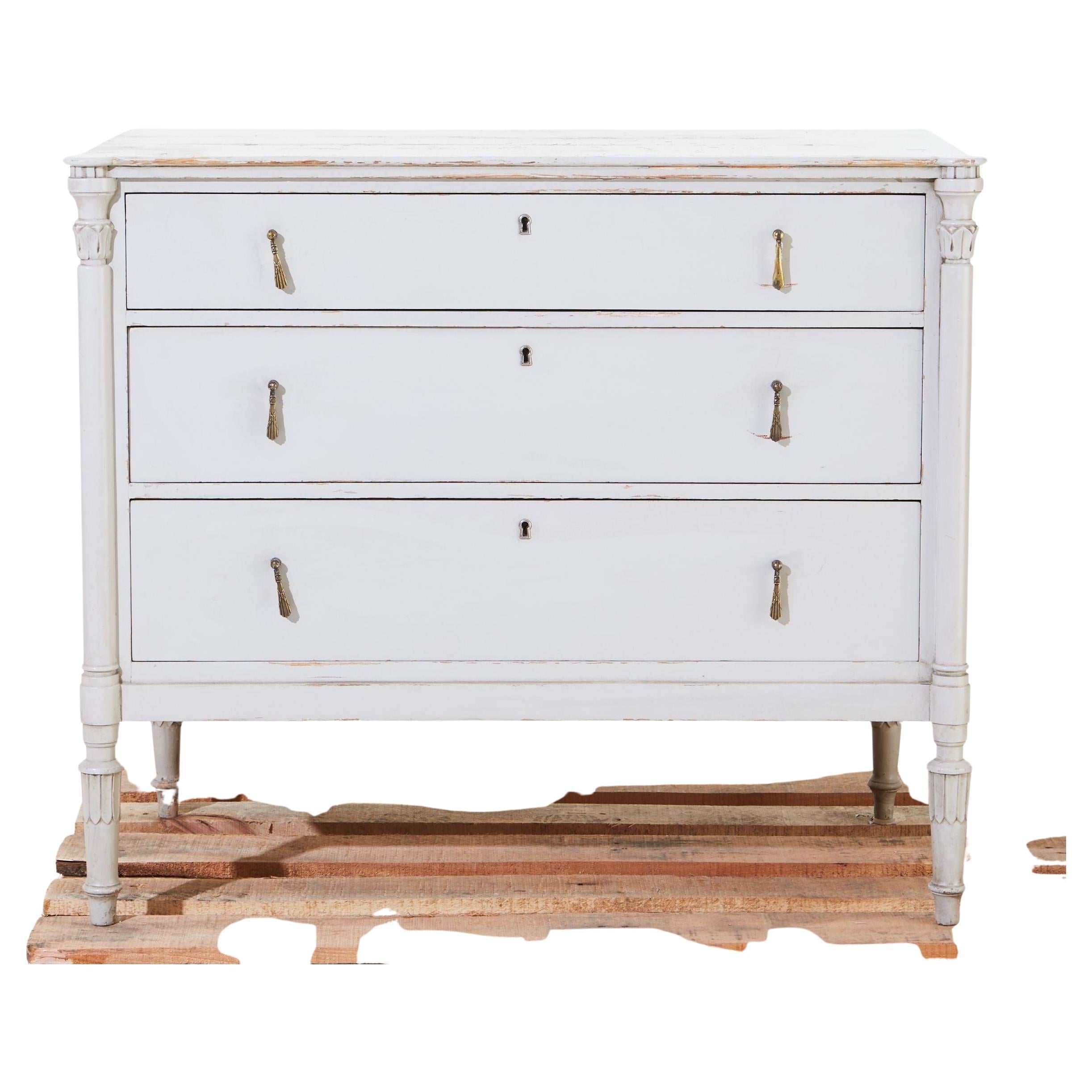Grey Painted Gustavian Bureau with Three Drawers, Carved Legs & Brass Hardware For Sale