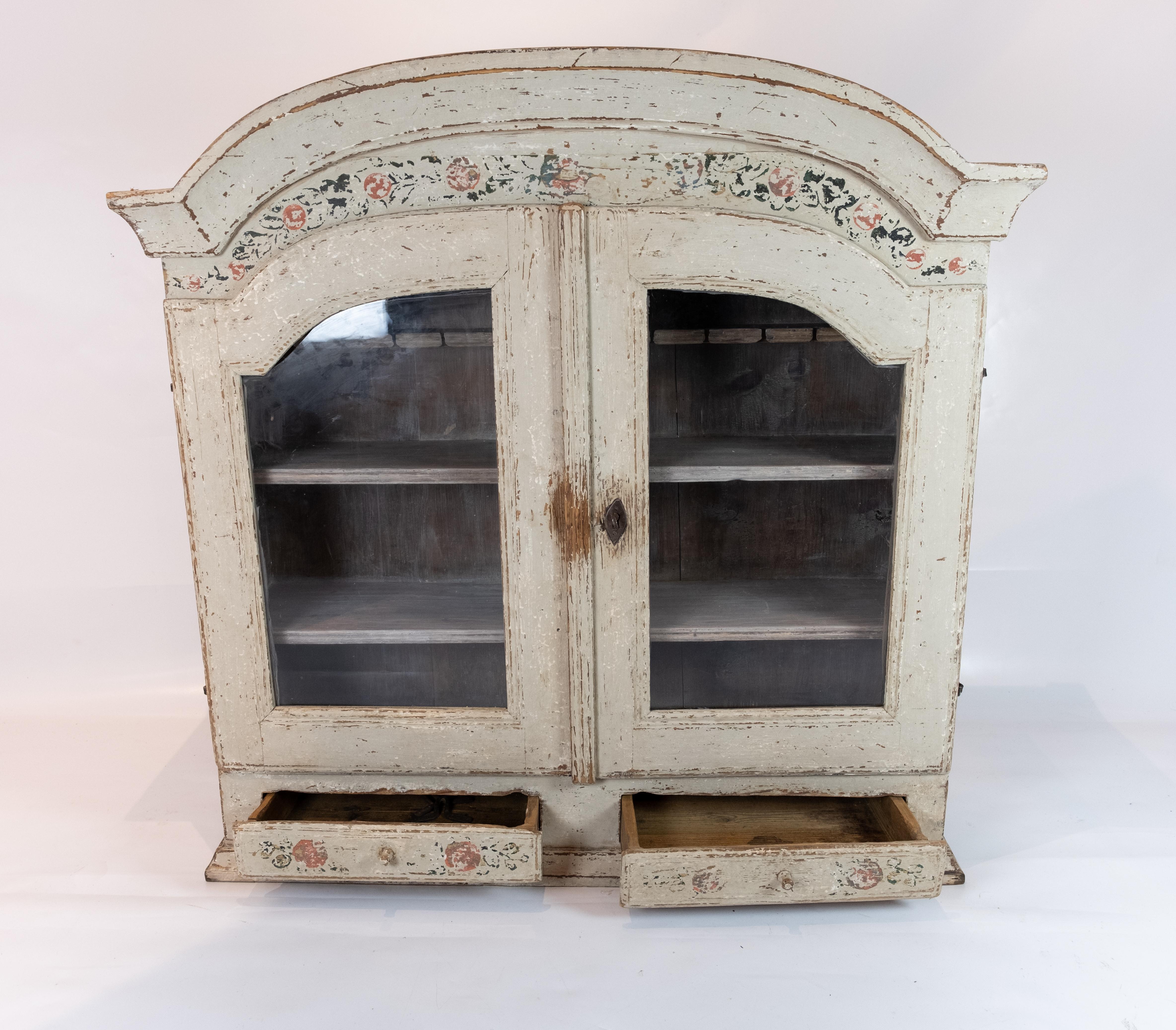 Wood Grey Painted Hanging Glass Cabinet in Gustavian Style from circa 1820