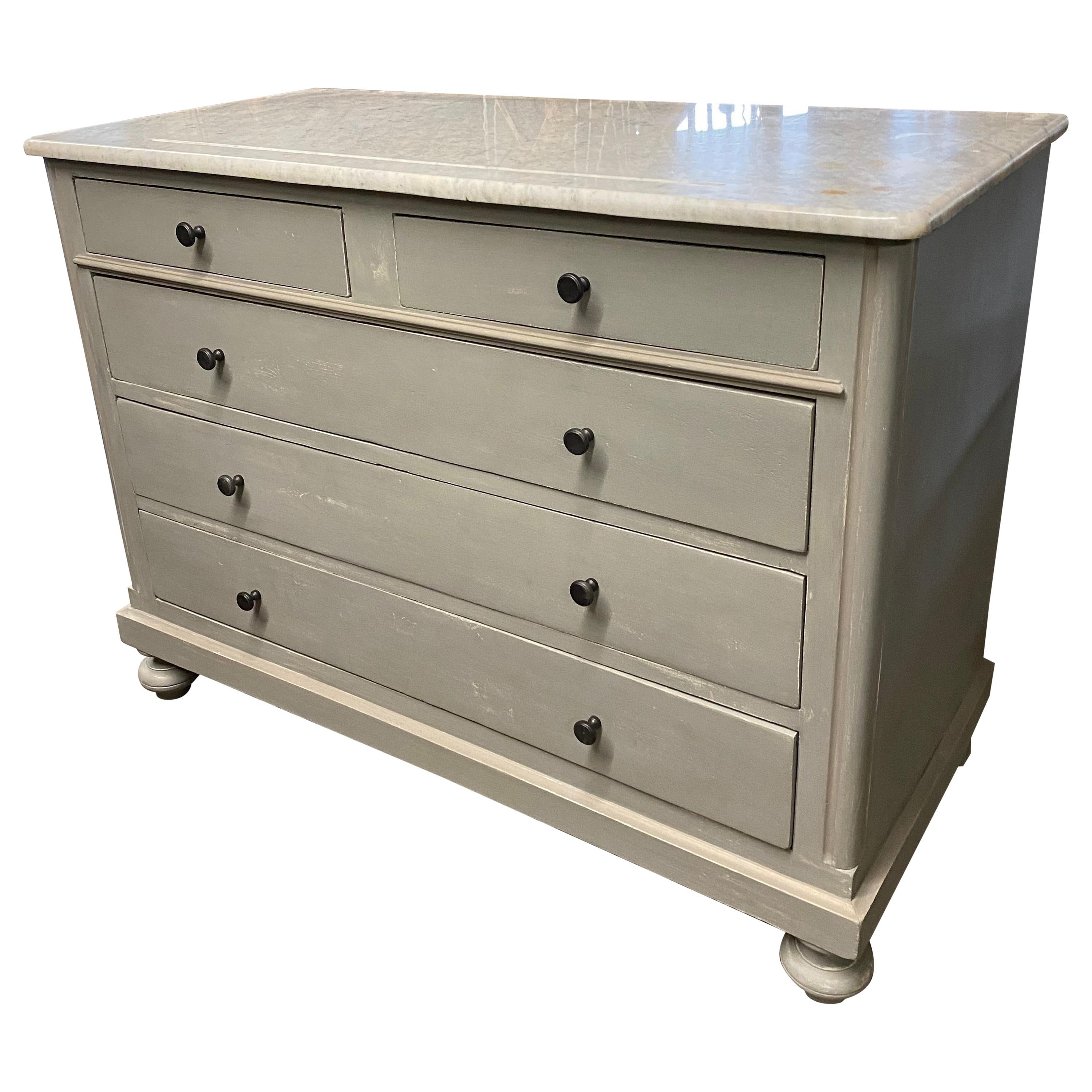 Grey Painted Marble-Top Chest of Drawers