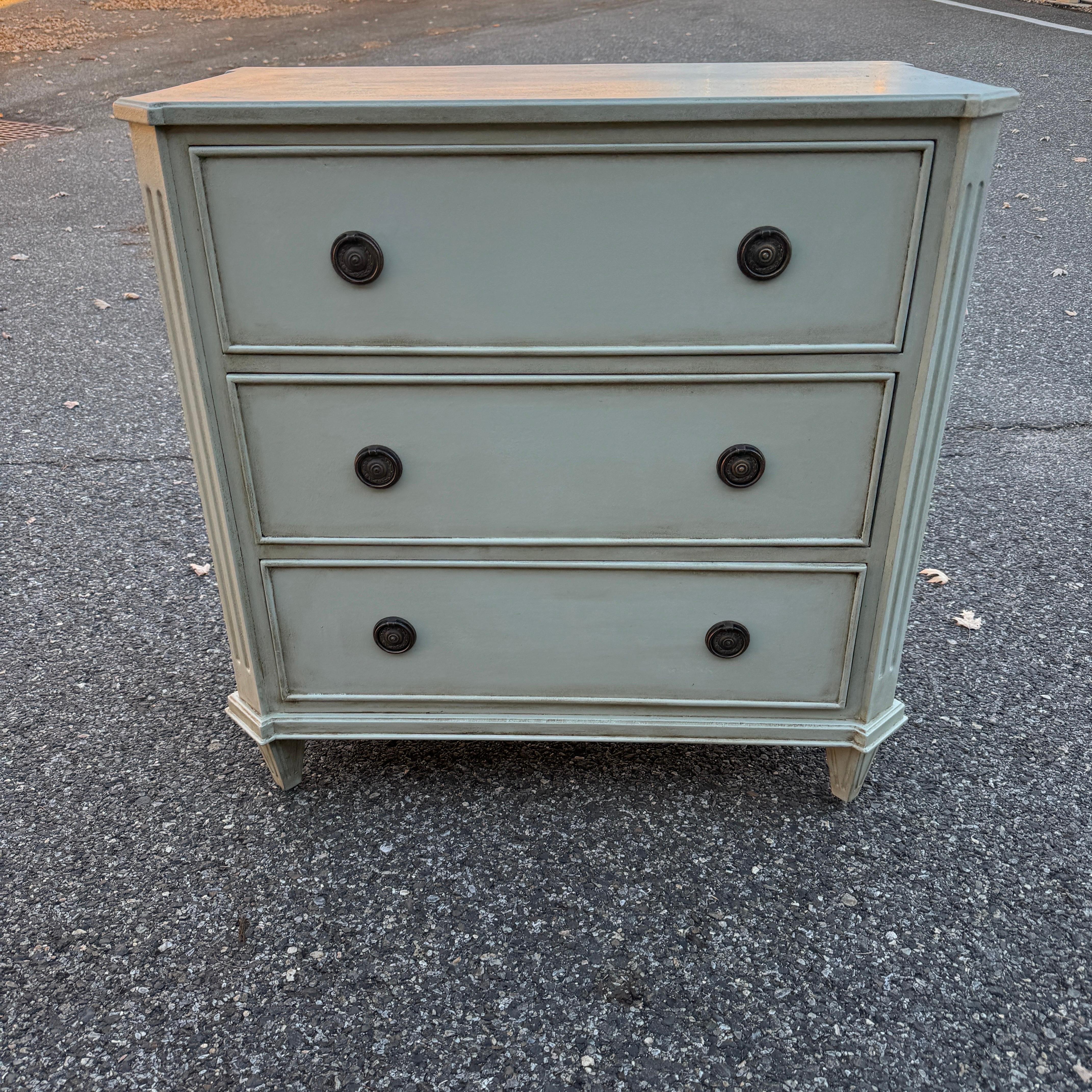 Hand-Crafted Swedish Gustavian Style Painted 3 Drawer Chest Bureau For Sale