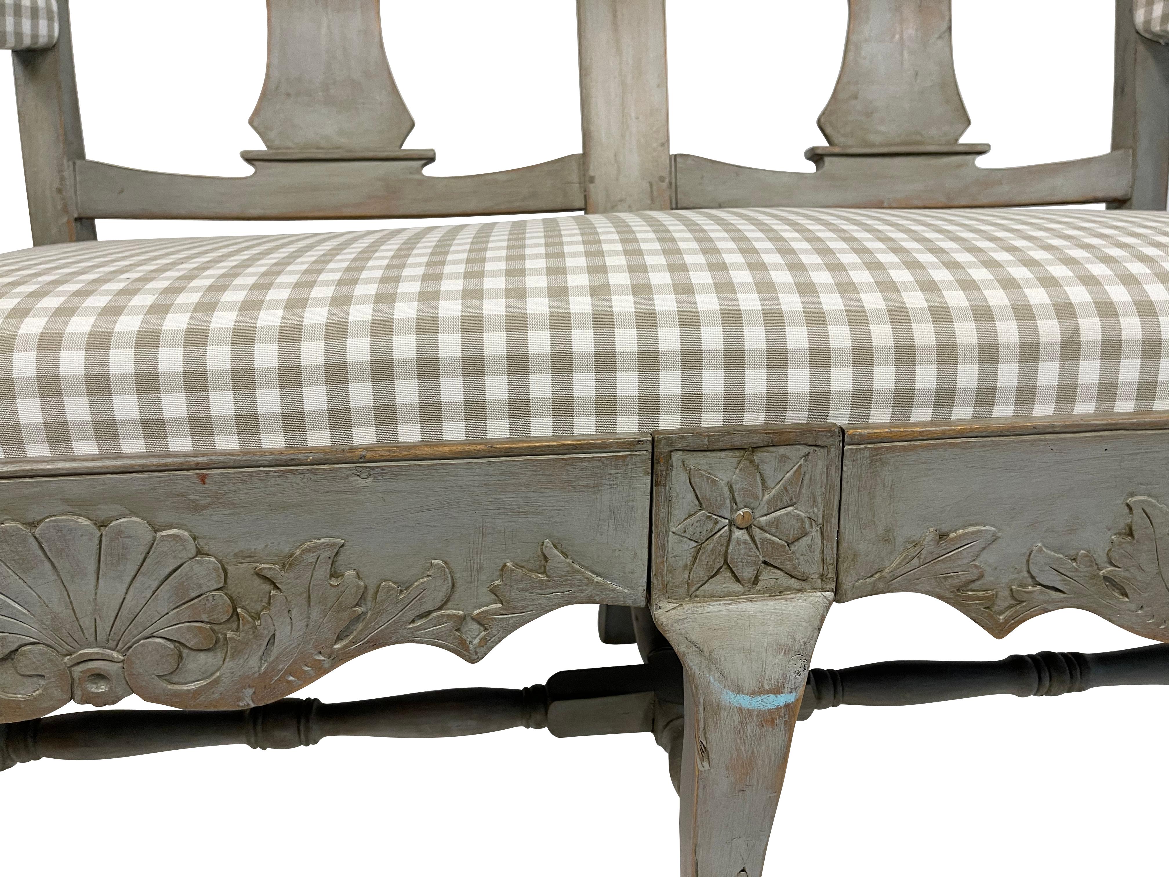 Gustavian Grey Painted Swedish Settee with Shell and Foliate Carving For Sale