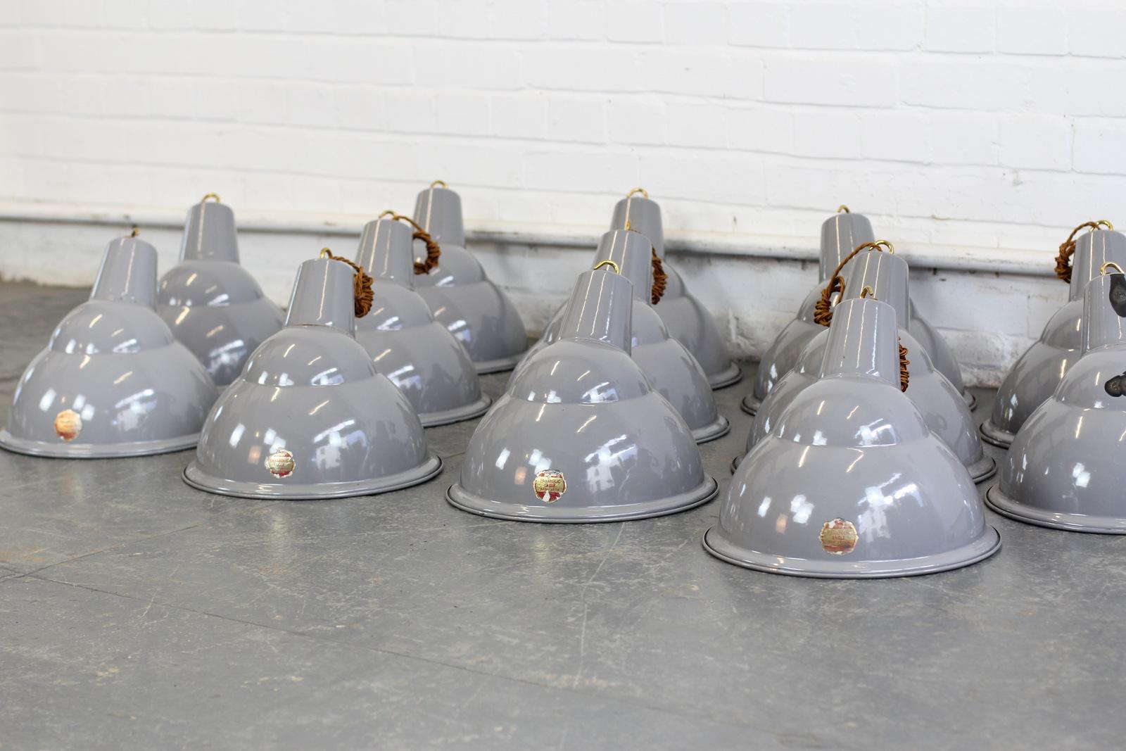 Industrial Grey Parabolic Factory Lights by Benjamin, circa 1950s