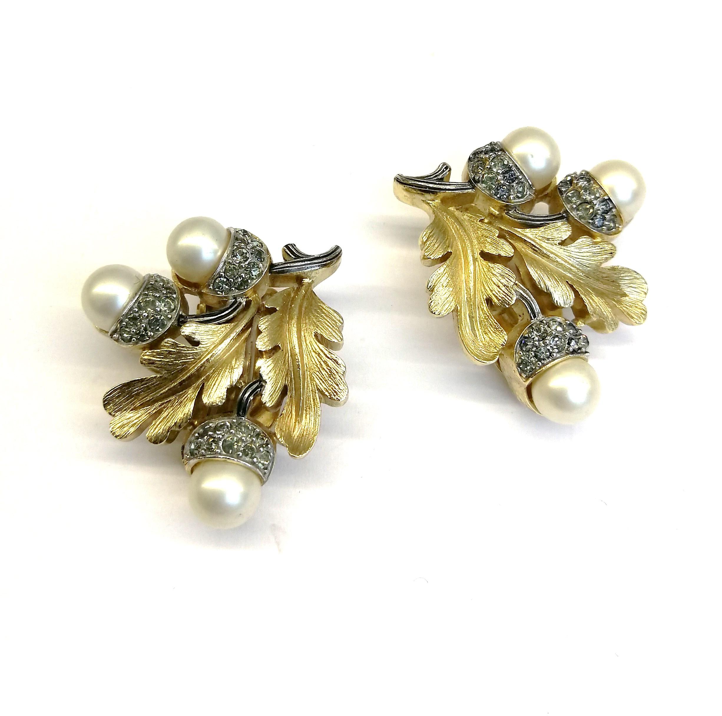 Grey paste and pearl 'acorn' earrings, Trifari, 1950s In Excellent Condition In Greyabbey, County Down