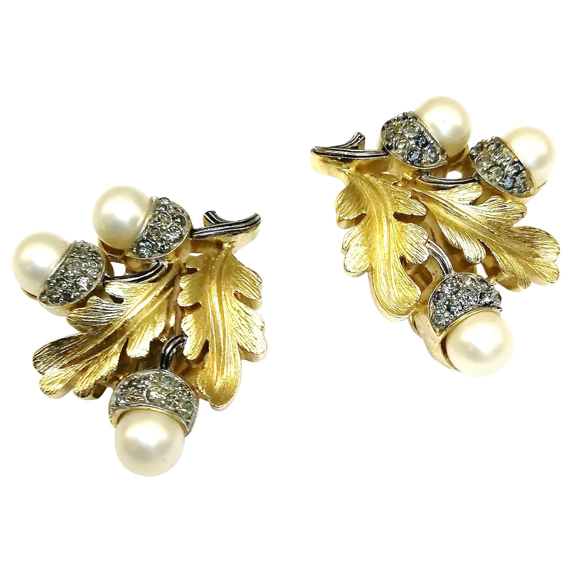 Grey paste and pearl 'acorn' earrings, Trifari, 1950s