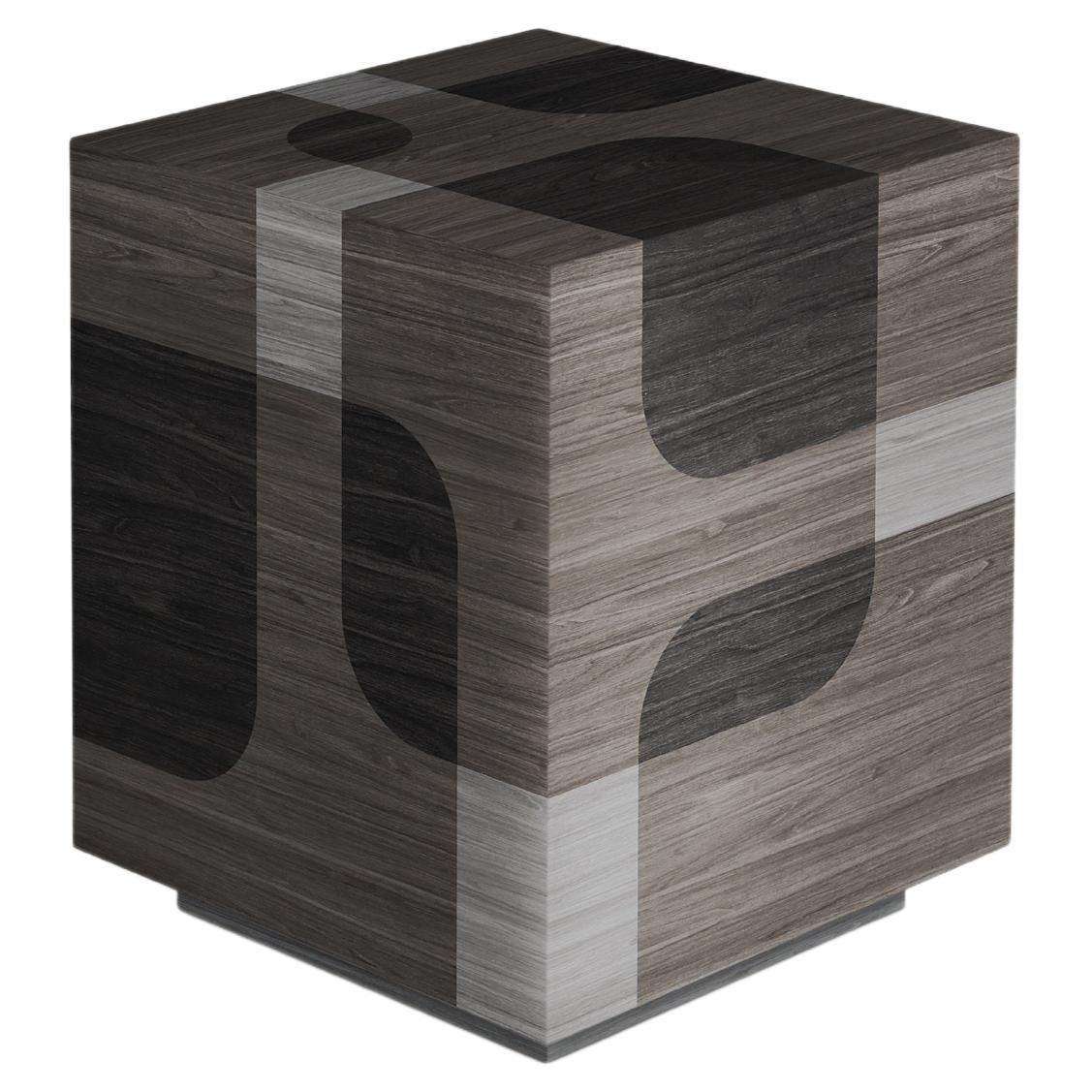 Bodega Side Table, Night Stand in Black Wood Marquetry Veneer by Joel Escalona (Moderne der Mitte des Jahrhunderts) im Angebot