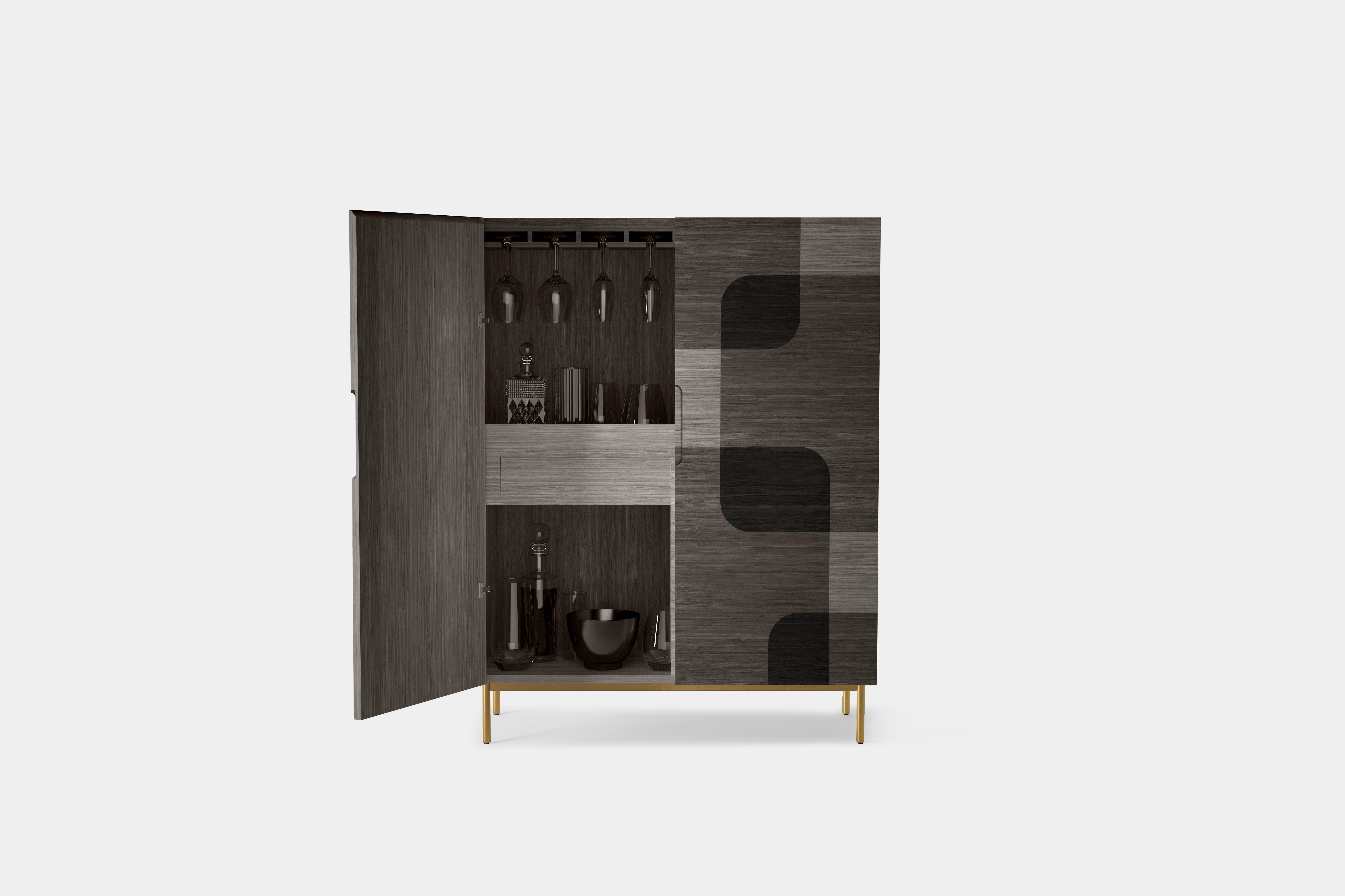 Contemporary Bodega Bar Cabinet, Cupboard in Dark Wood Marquetry Veneer by Joel Escalona For Sale