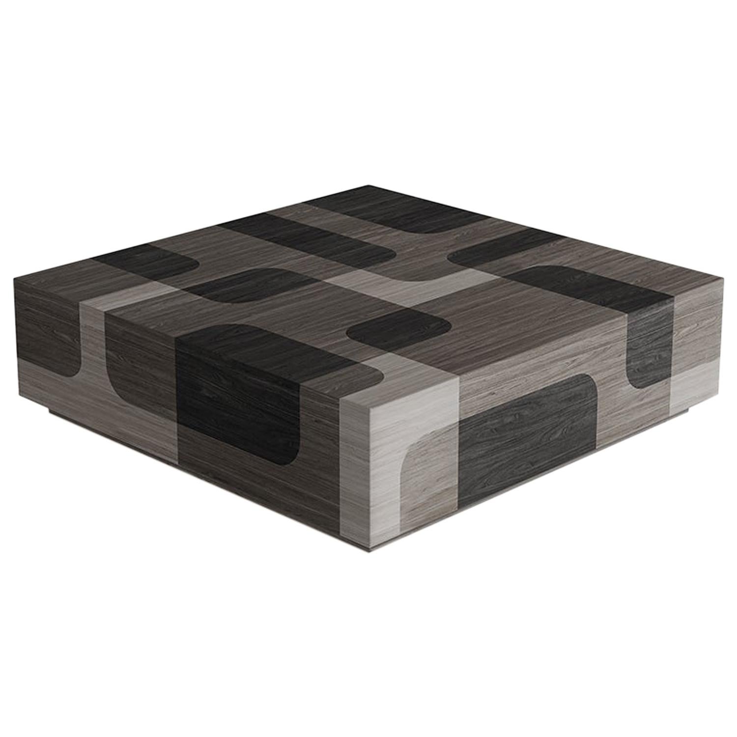 Plywood Bodega Square Coffee Table in Black Wood Marquetry Veneer Table by Joel Escalona For Sale