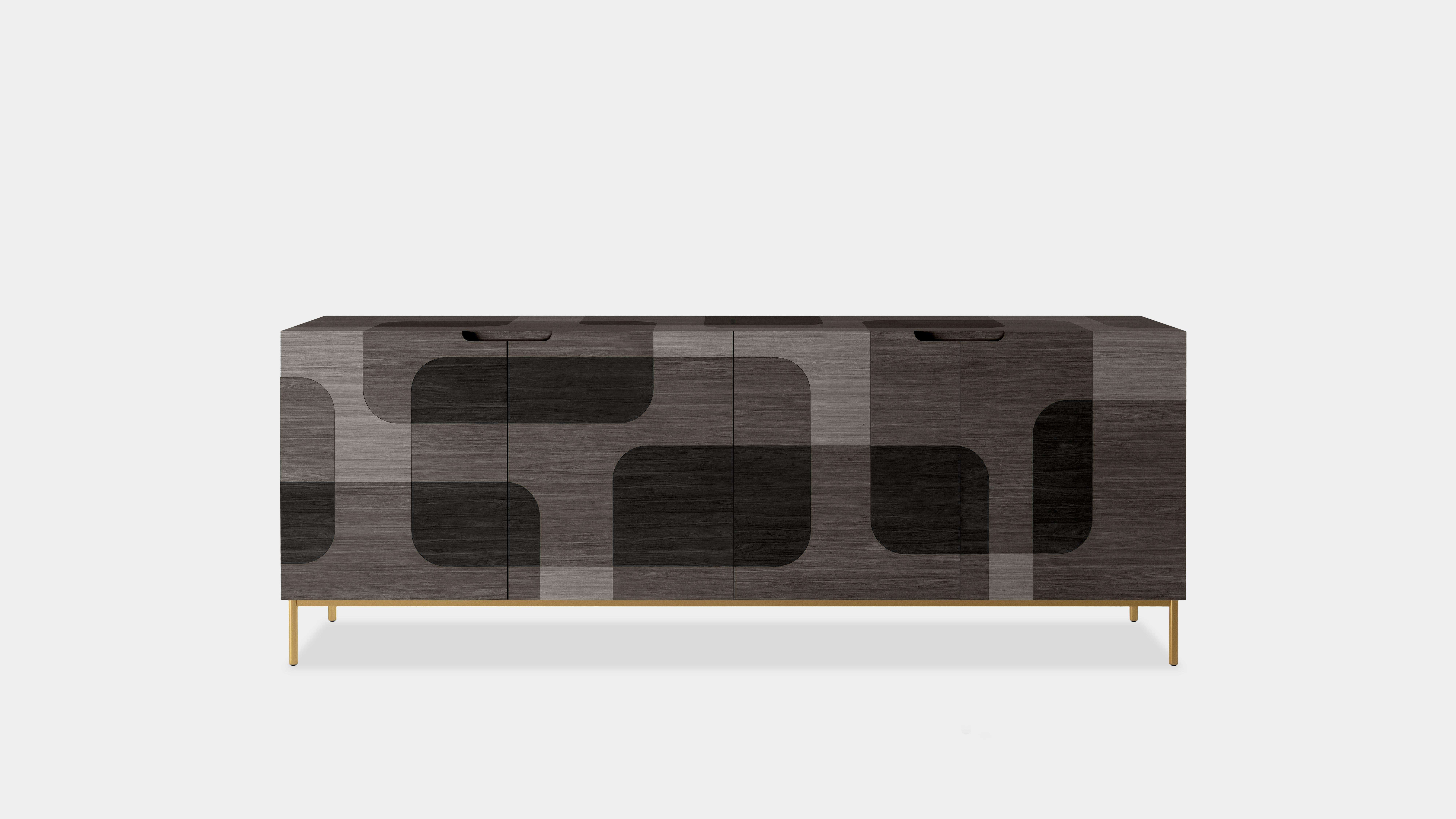 Mexican Bodega Credenza, Cabinet, Console in Dark Wood Marquetry Veneer by Joel Escalona For Sale
