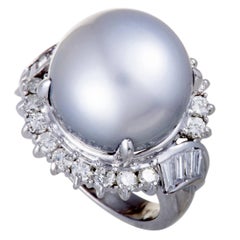Retro Grey Pearl and Diamond Platinum Ring