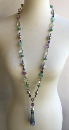 Grey Pearl and Multi-Color Stone Necklace and Tassel with 14 Karat White Gold