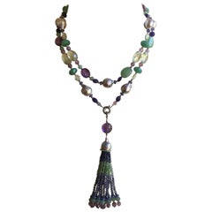 Grey Pearl and Multi-Color Stone Necklace and Tassel with 14 Karat White Gold