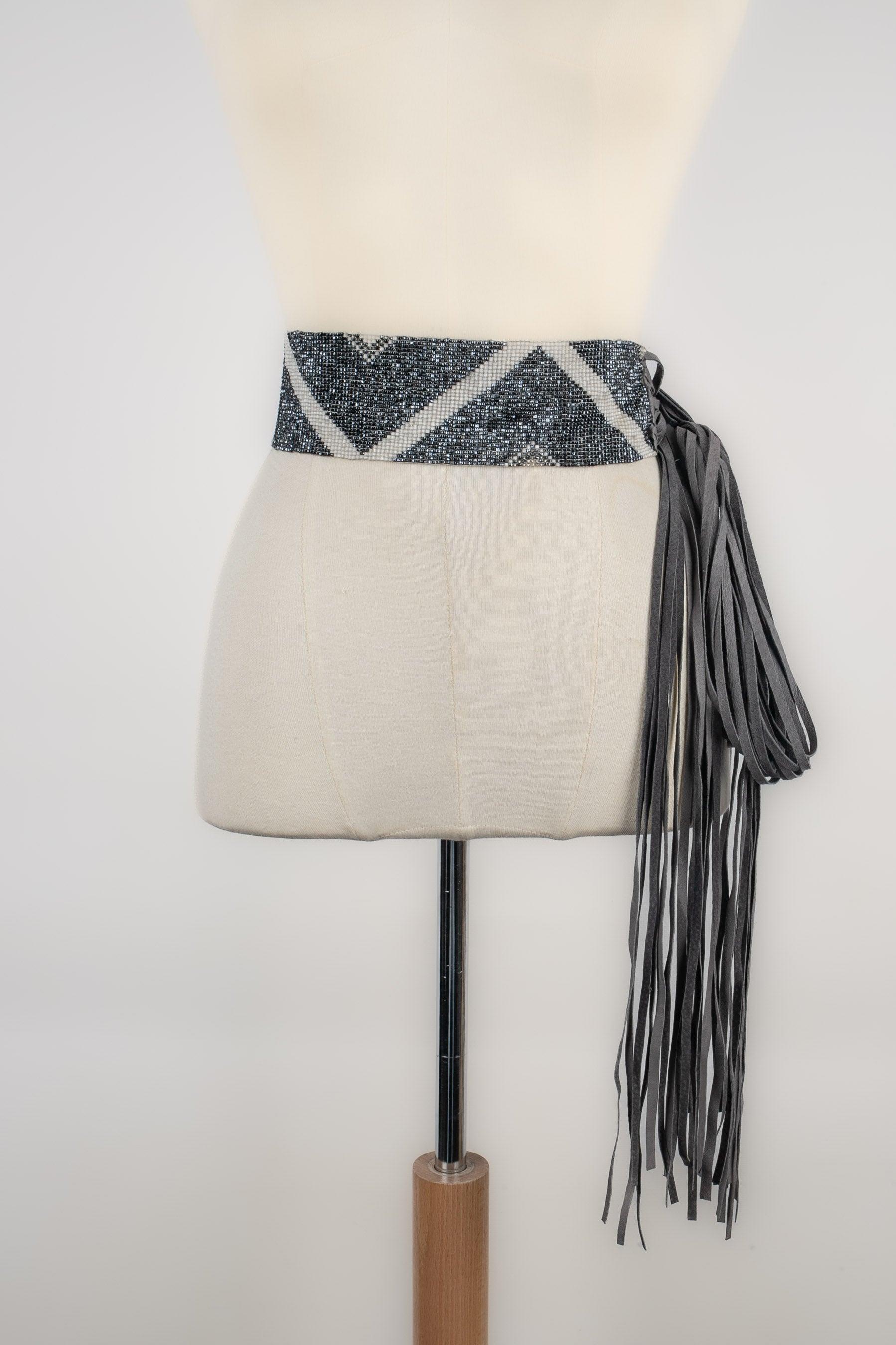 Gray Grey Pearl Belt with Leather Fringes For Sale