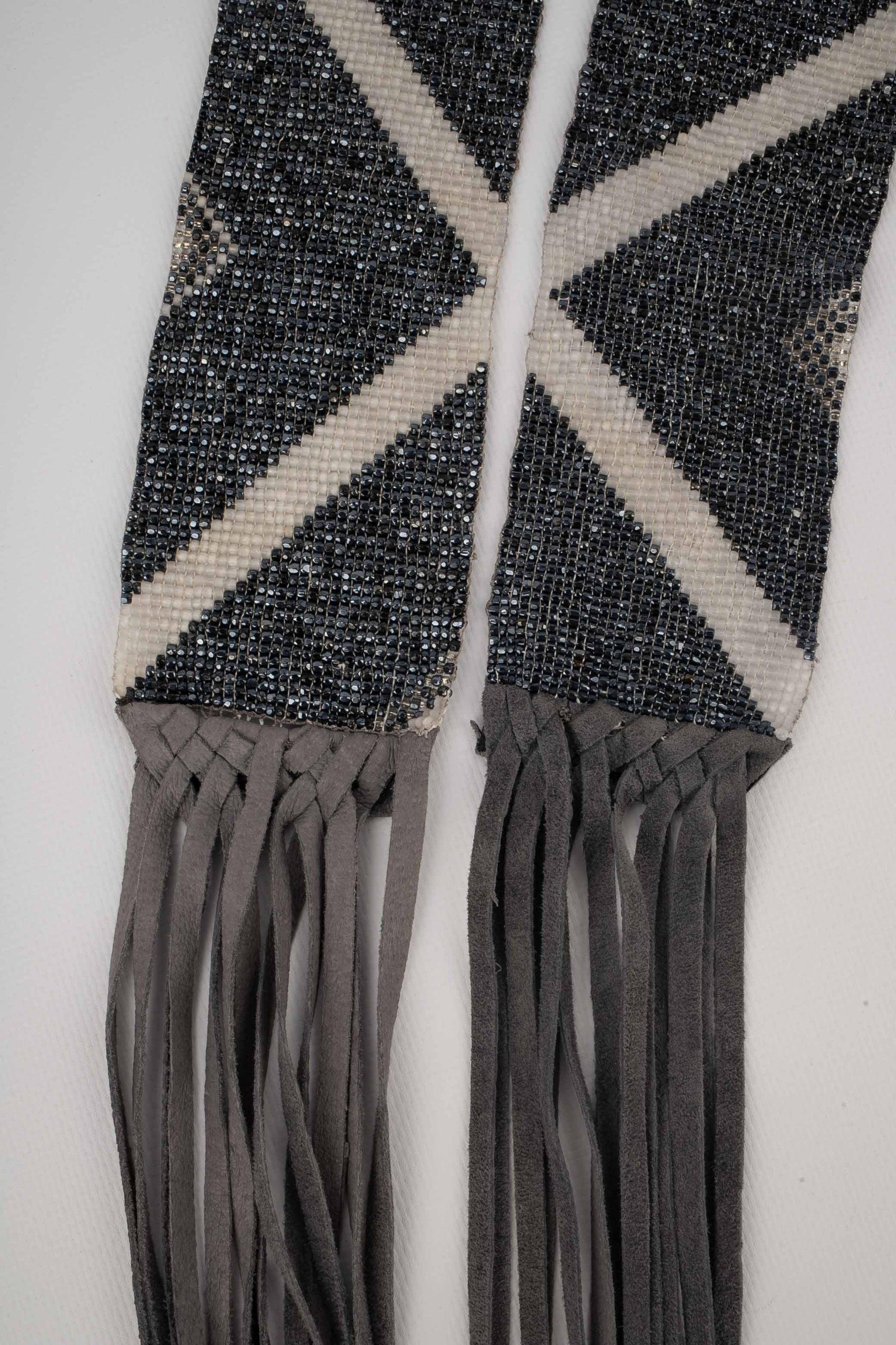 Grey Pearl Belt with Leather Fringes For Sale 2