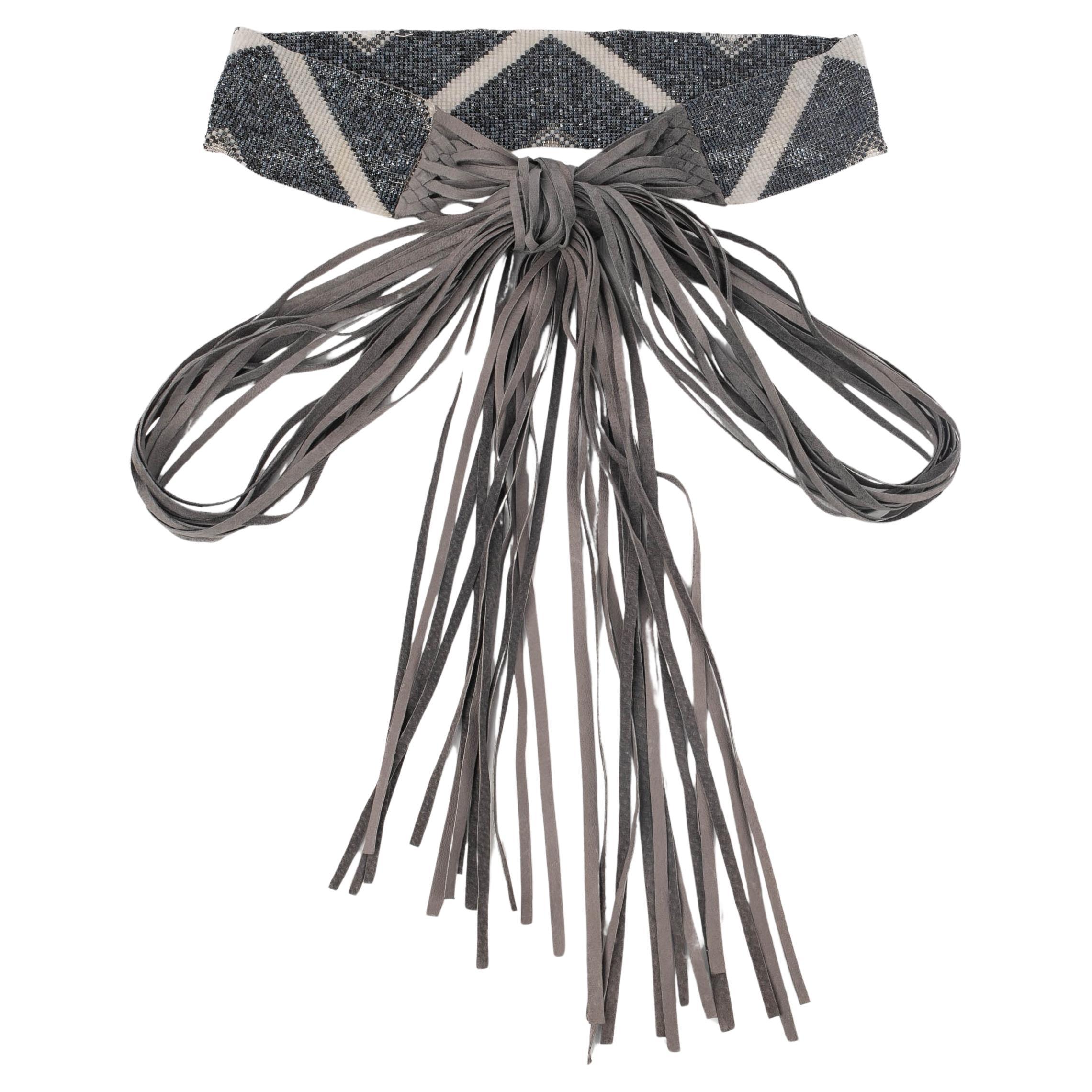 Grey Pearl Belt with Leather Fringes For Sale