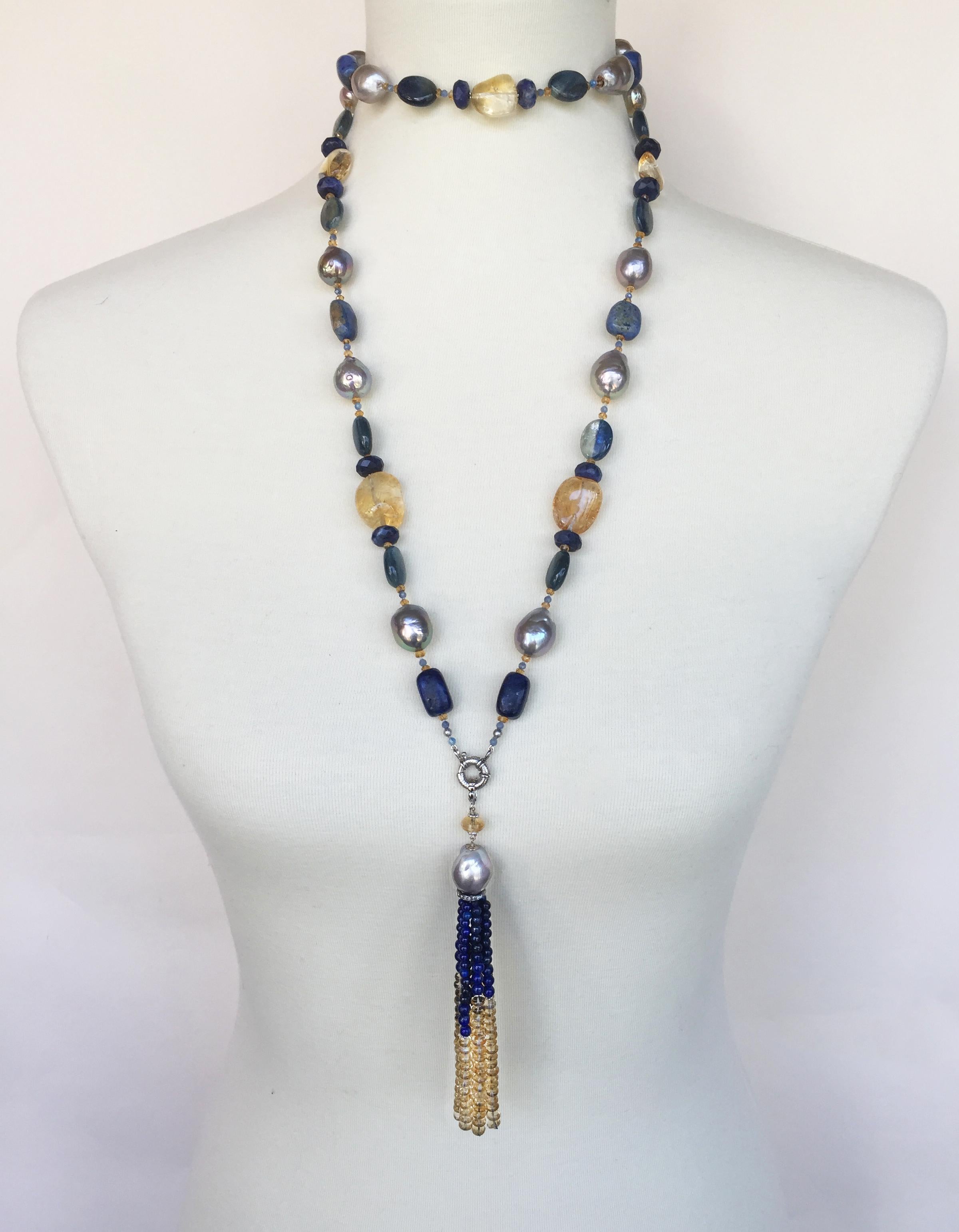Bead Marina J. Grey Pearl and Semiprecious Stones Sautoir Necklace with 14 Karat Gold