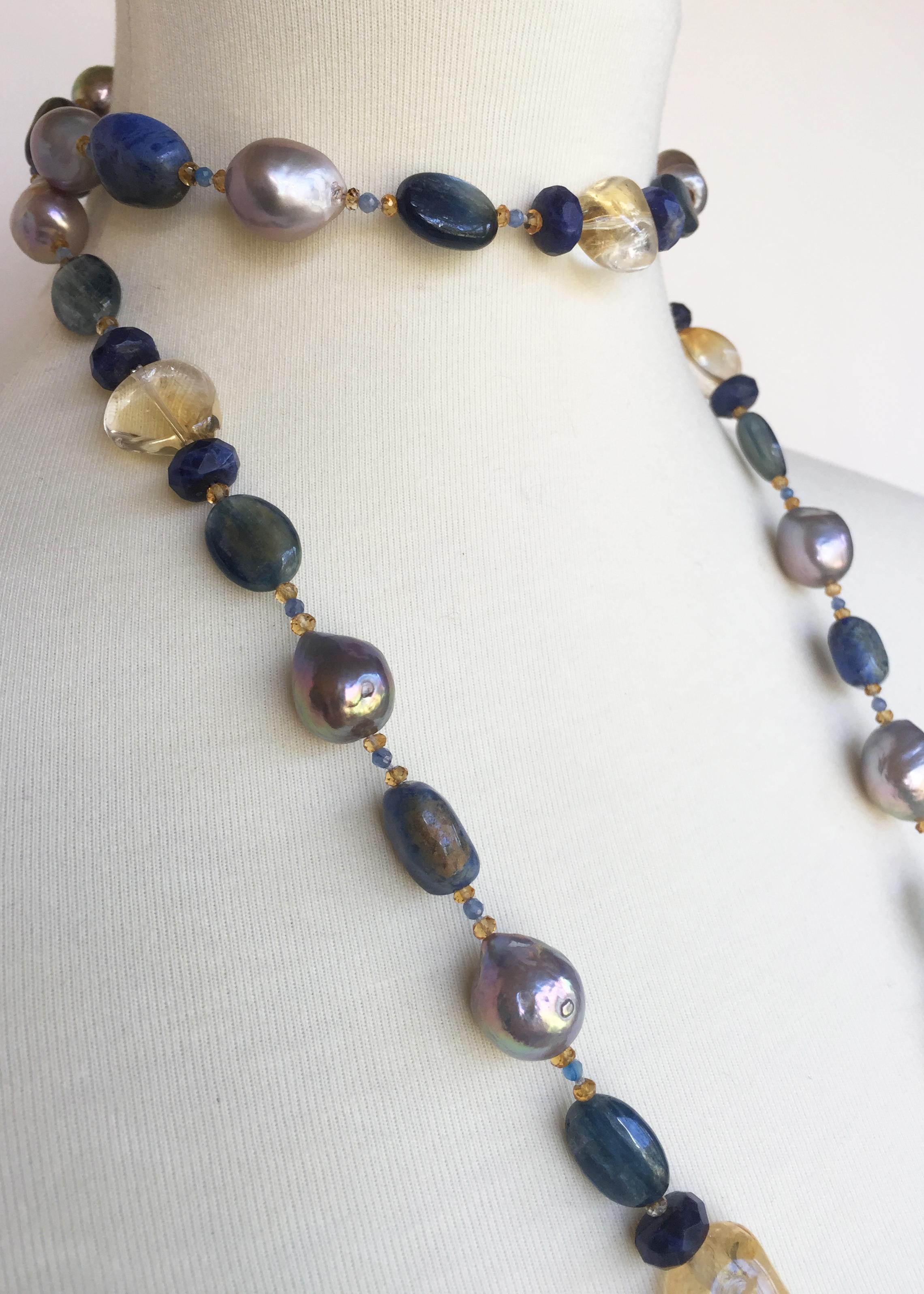Marina J. Grey Pearl and Semiprecious Stones Sautoir Necklace with 14 Karat Gold In New Condition In Los Angeles, CA