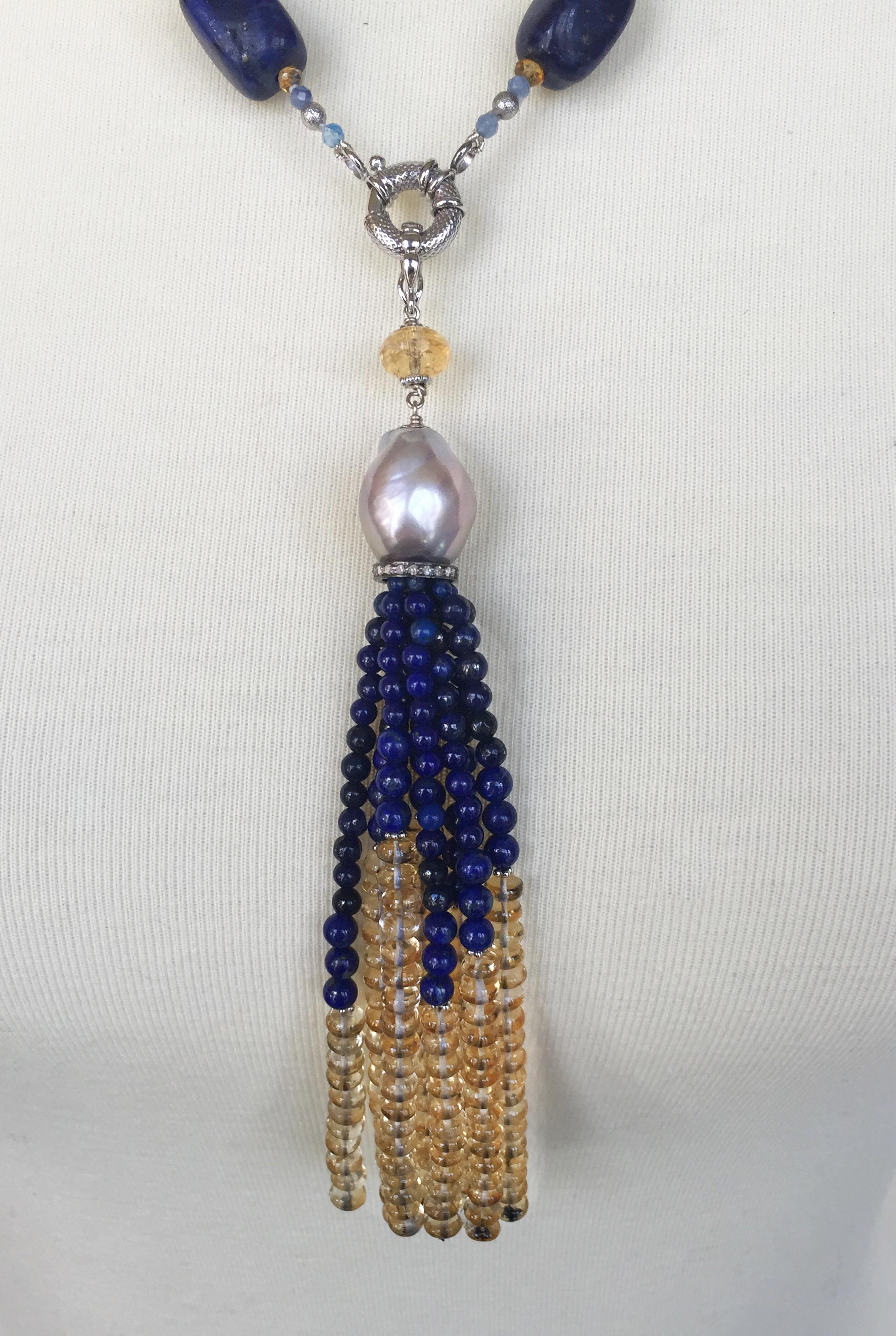 Women's Marina J. Grey Pearl and Semiprecious Stones Sautoir Necklace with 14 Karat Gold