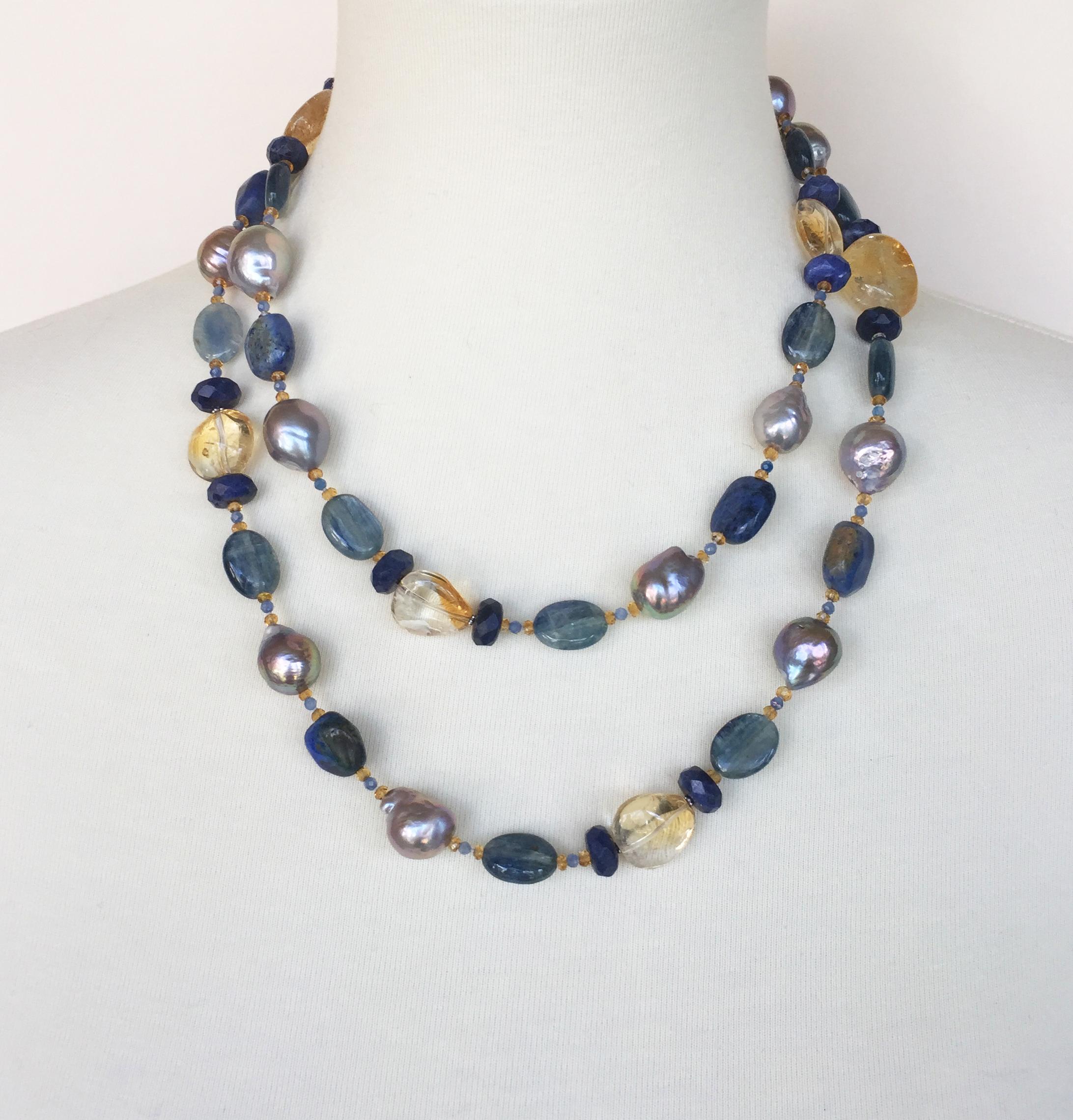 Marina J. Grey Pearl and Semiprecious Stones Sautoir Necklace with 14 Karat Gold 2