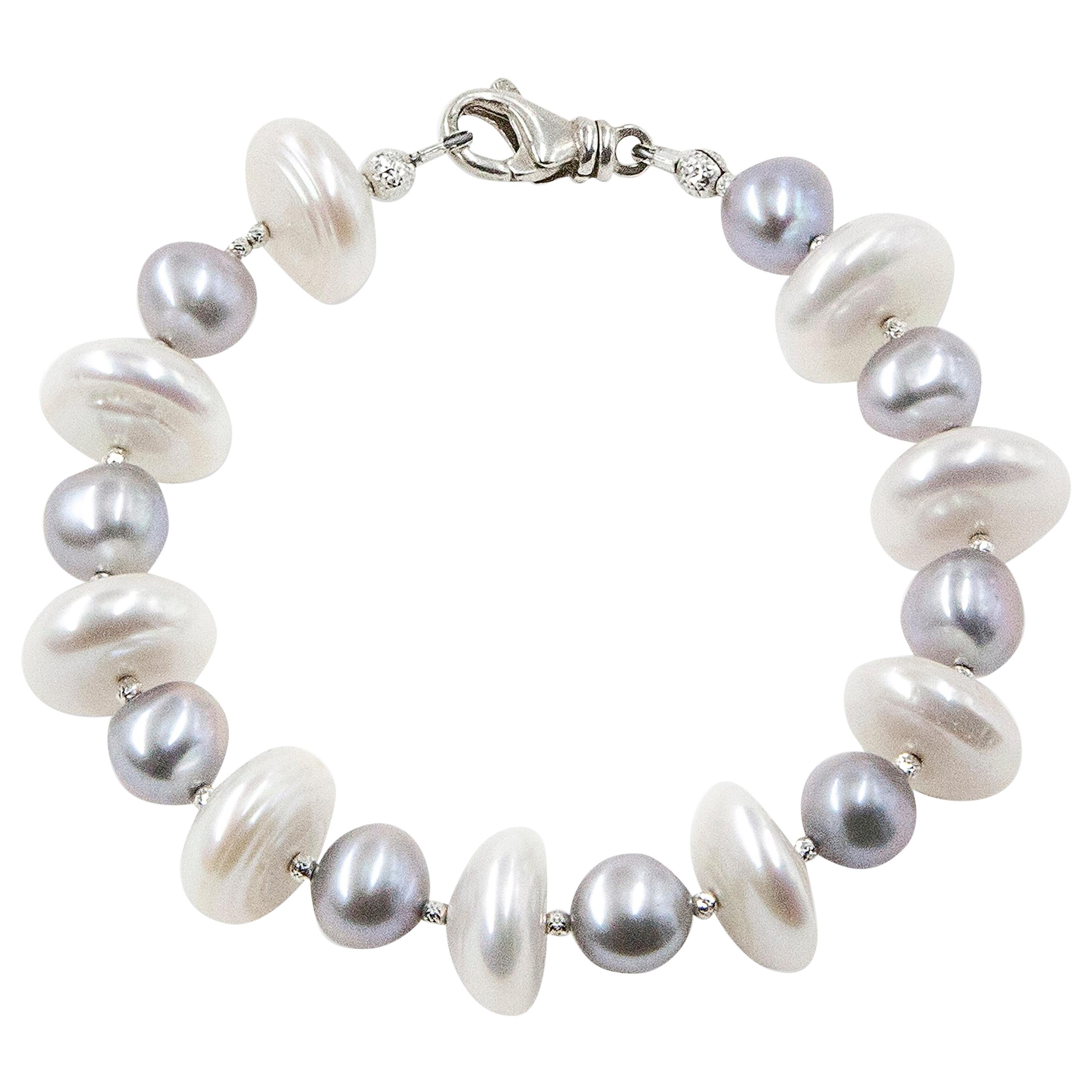 Grey Pearl Bracelet with White Saucer Shaped Pearls For Sale