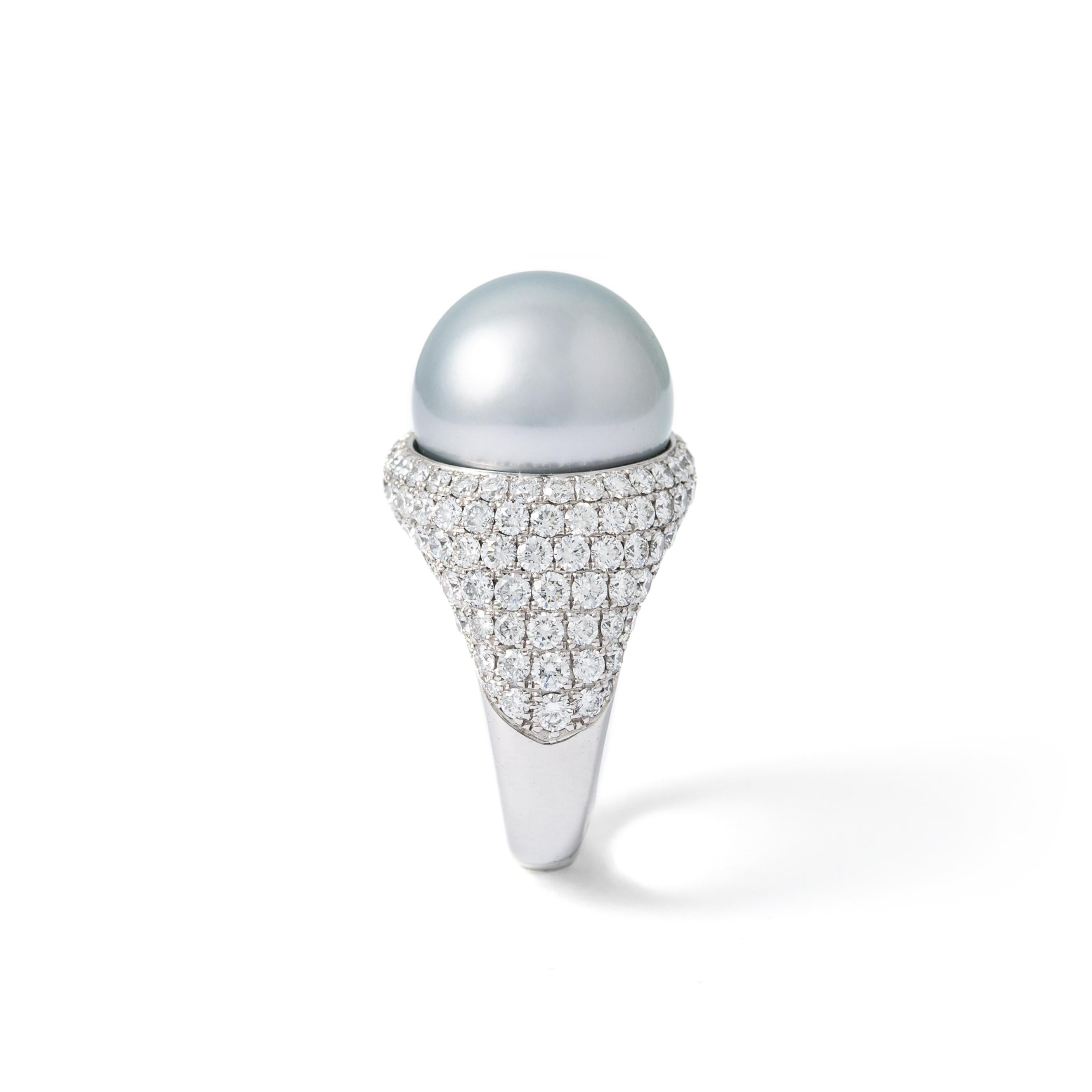 Grauer Perlen-Diamantring Damen im Angebot