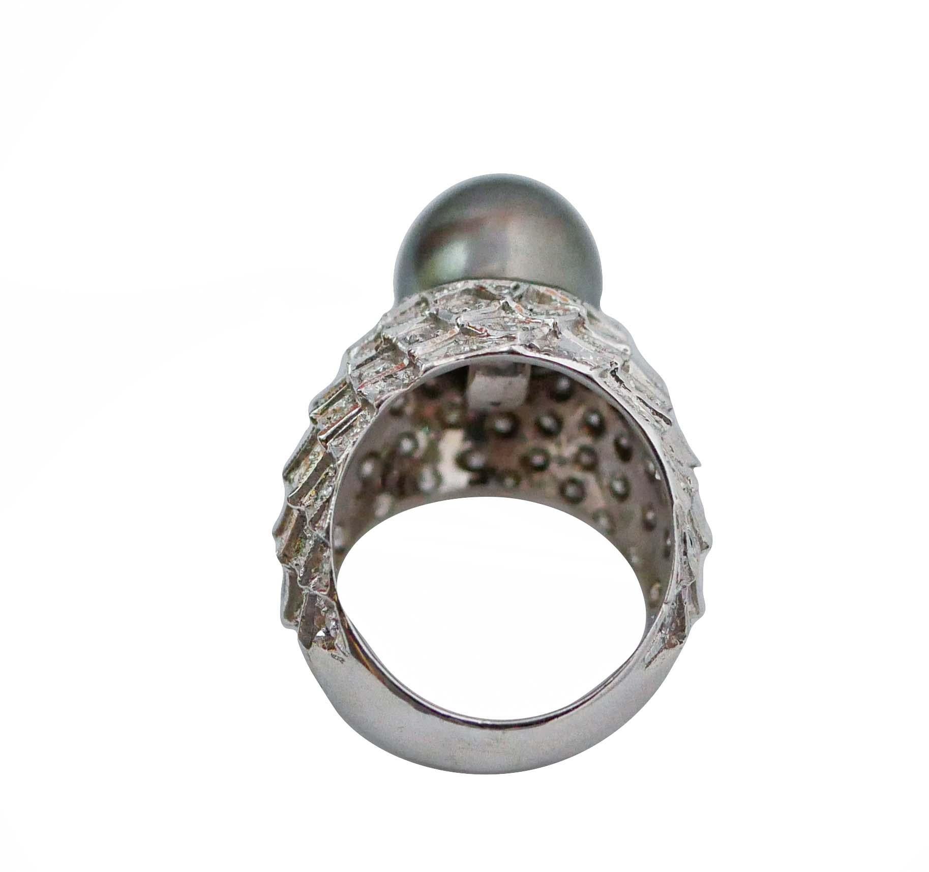 Graue Perle, Diamanten, 14 Karat Weißgold Ring. (Retro) im Angebot