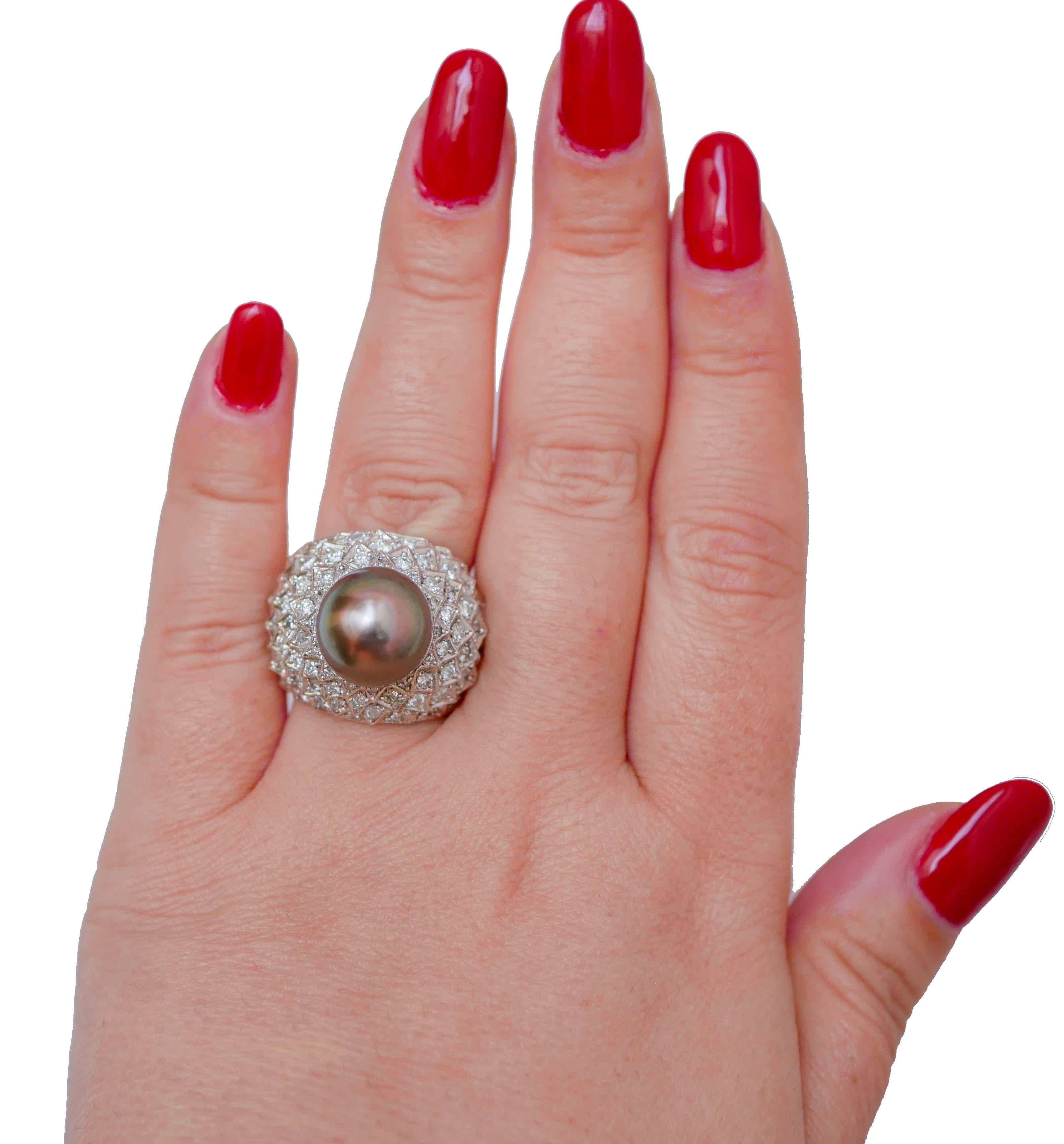 Mixed Cut Grey Pearl, Diamonds, 14 Karat White Gold Ring. For Sale