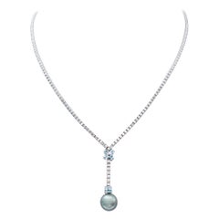 Grey Pearl, Diamonds, Aquamarine, 14 Karat White Gold Tennis Necklace
