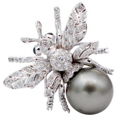 Grey Pearl, Diamonds, Sapphires, 14 Karat White Gold Bee Ring