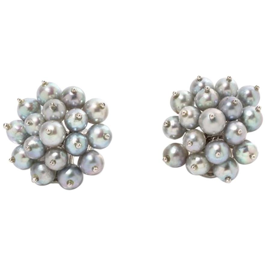 Grey Pearl Earrings, 18 k White Gold For Sale