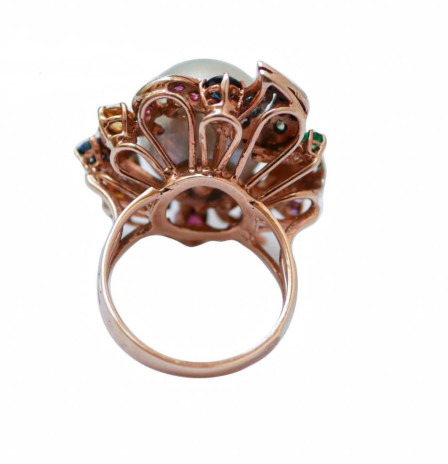 Retro Grey Pearl, Emeralds, Diamonds, Sapphires, Rubies, Rose Gold and Silver Ring For Sale