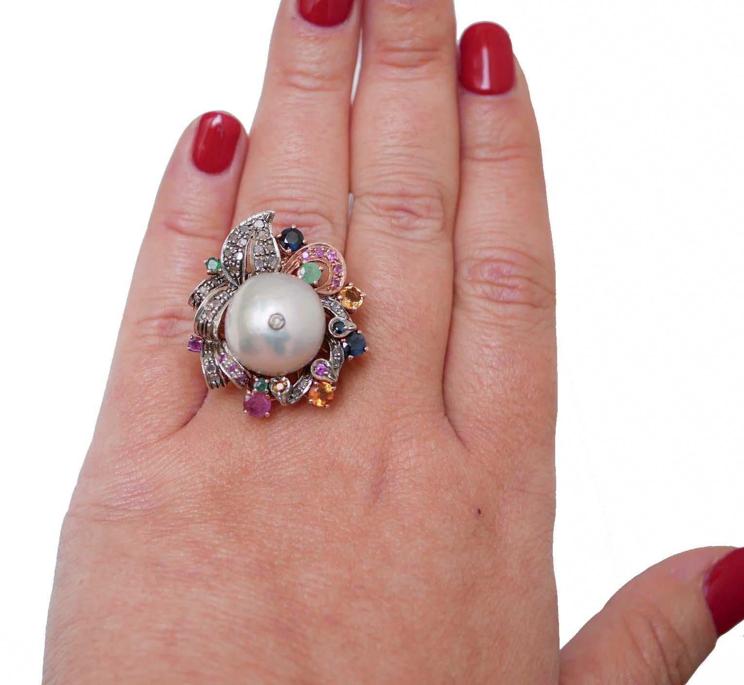 Mixed Cut Grey Pearl, Emeralds, Diamonds, Sapphires, Rubies, Rose Gold and Silver Ring For Sale
