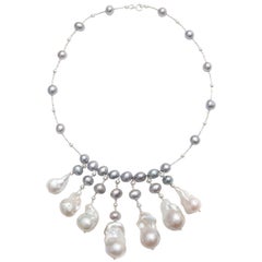  Grey Pearl Necklace with 7 Large Baroque Dropped Pearls
